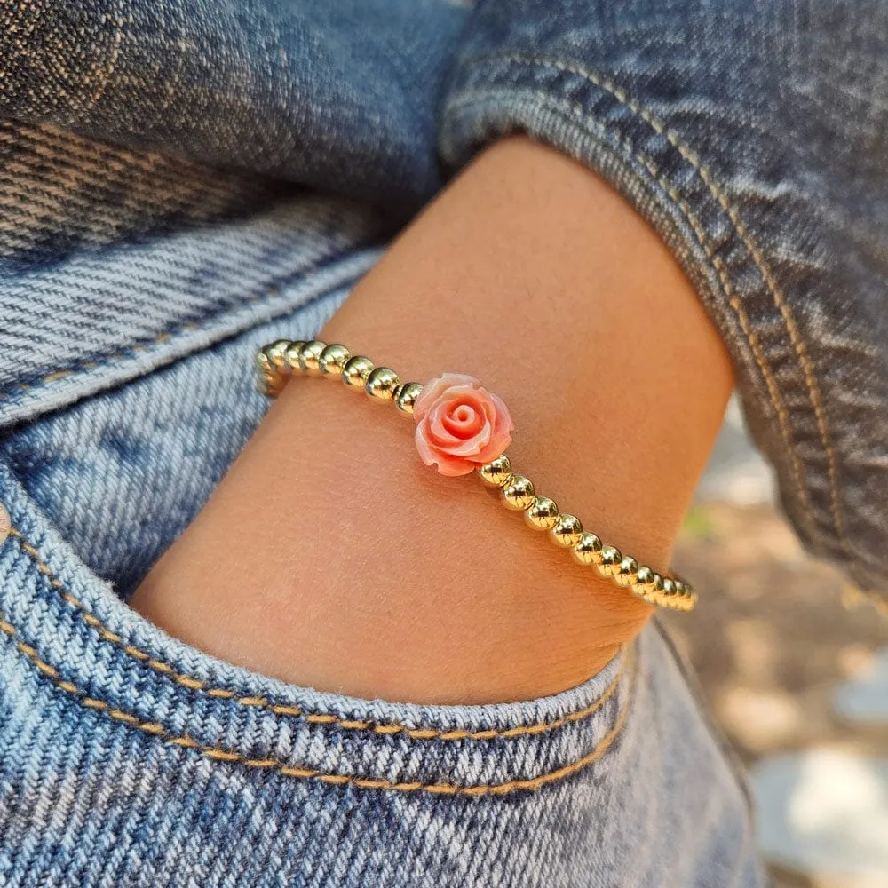 14k Gold Filled Bracelet w Coral Rose