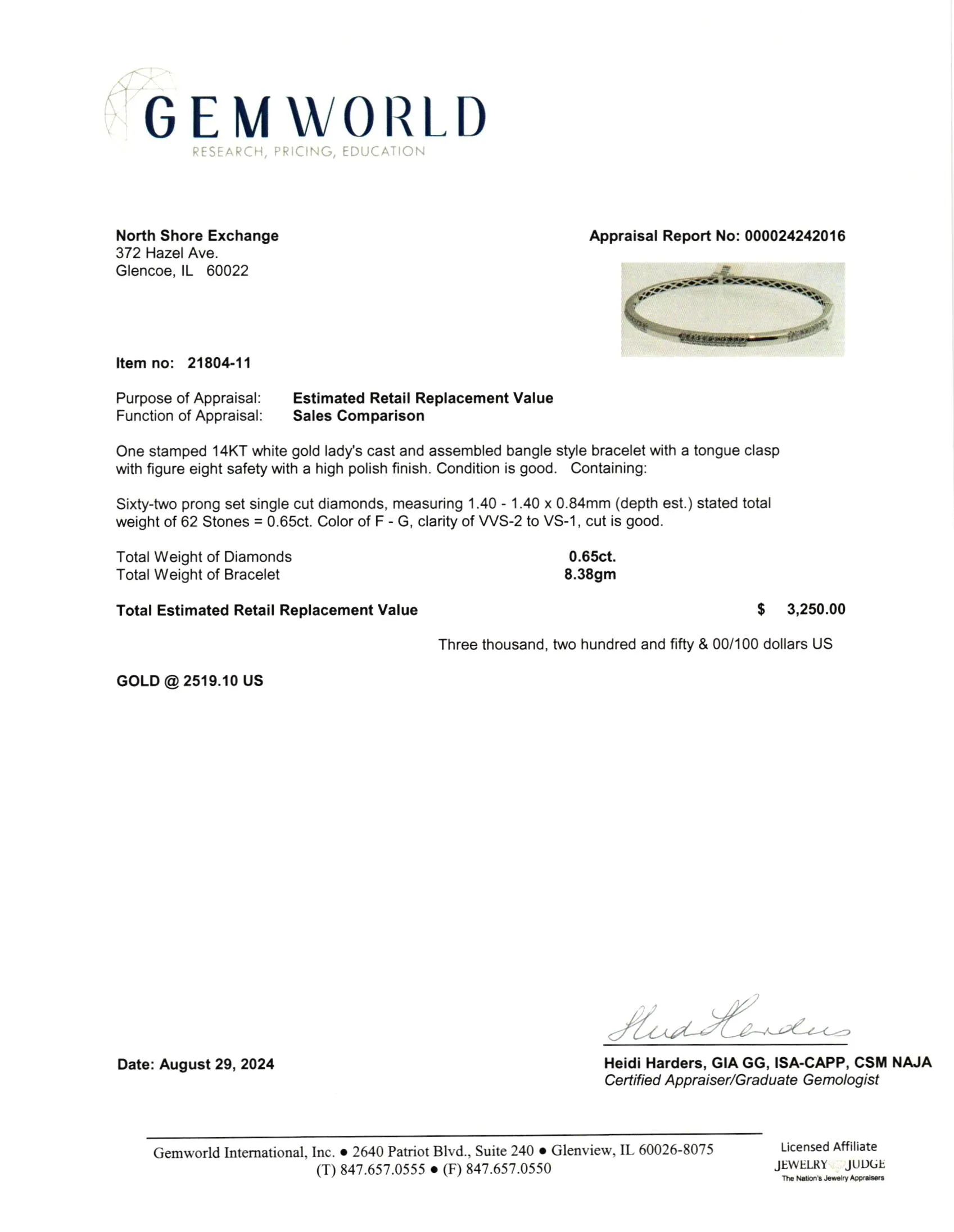 14K White Gold Hinged Bracelet with Diamond