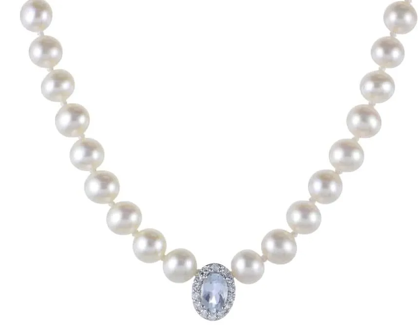 16 inch Fresh Water Pearl, Aquamarine and Natural Diamond Necklace with 14K White Clasp