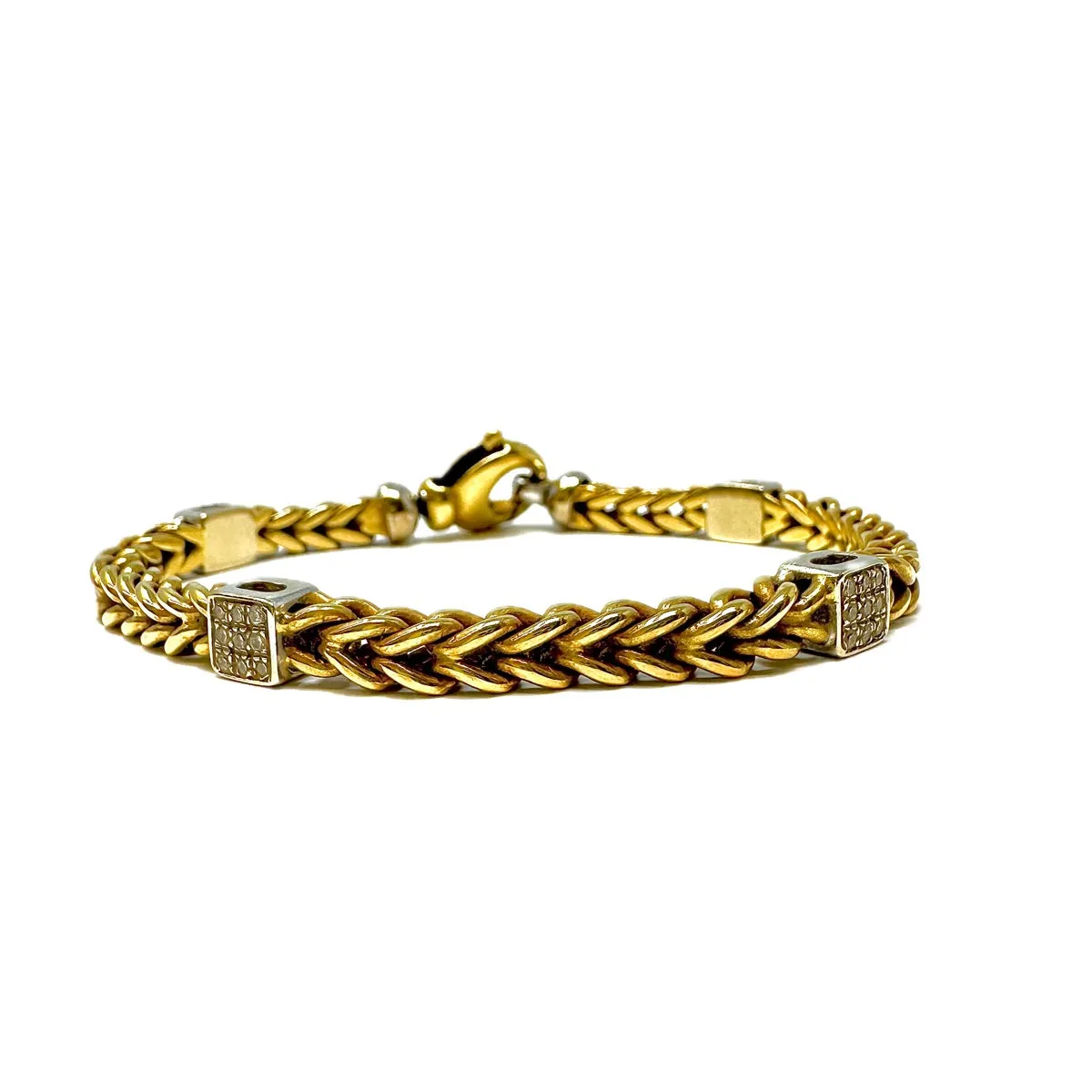 18K Gold Bracelet with 4 White Gold Square Diamond Stations