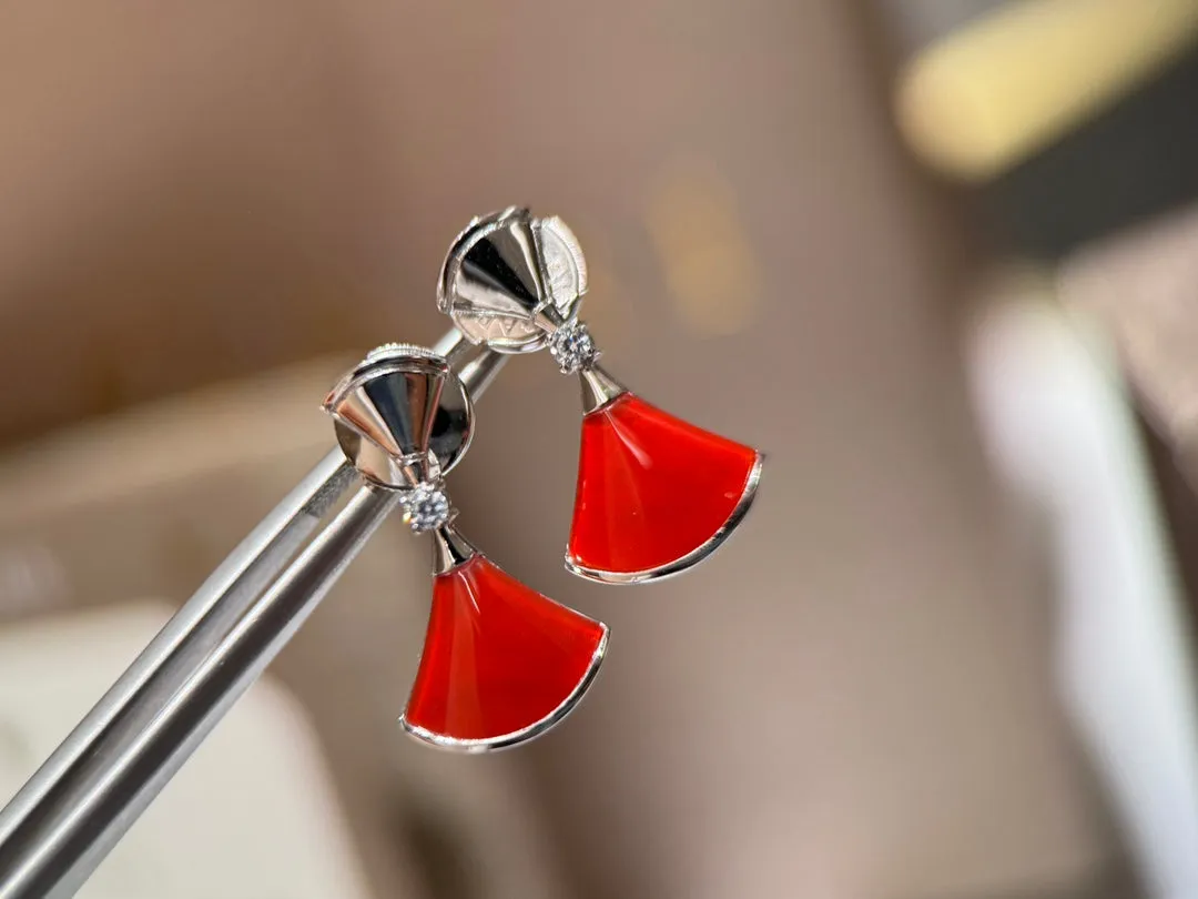 18k Platinum Red Agate Fan-shaped Gemstone Earrings EHC144