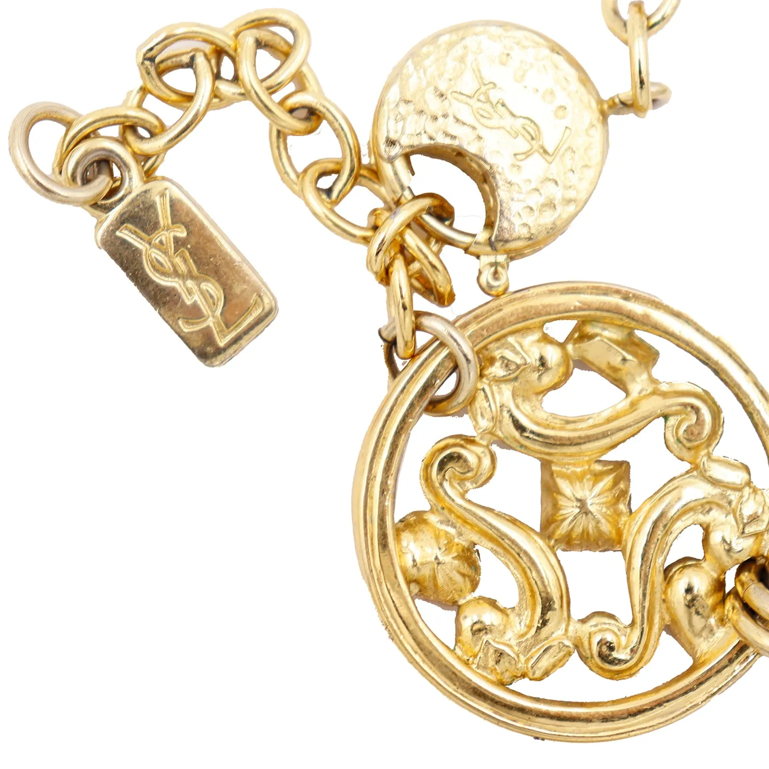 1980s YSL 3 pc Gold Jewelry Baroque Open Work Necklace Earrings Bracelet Set
