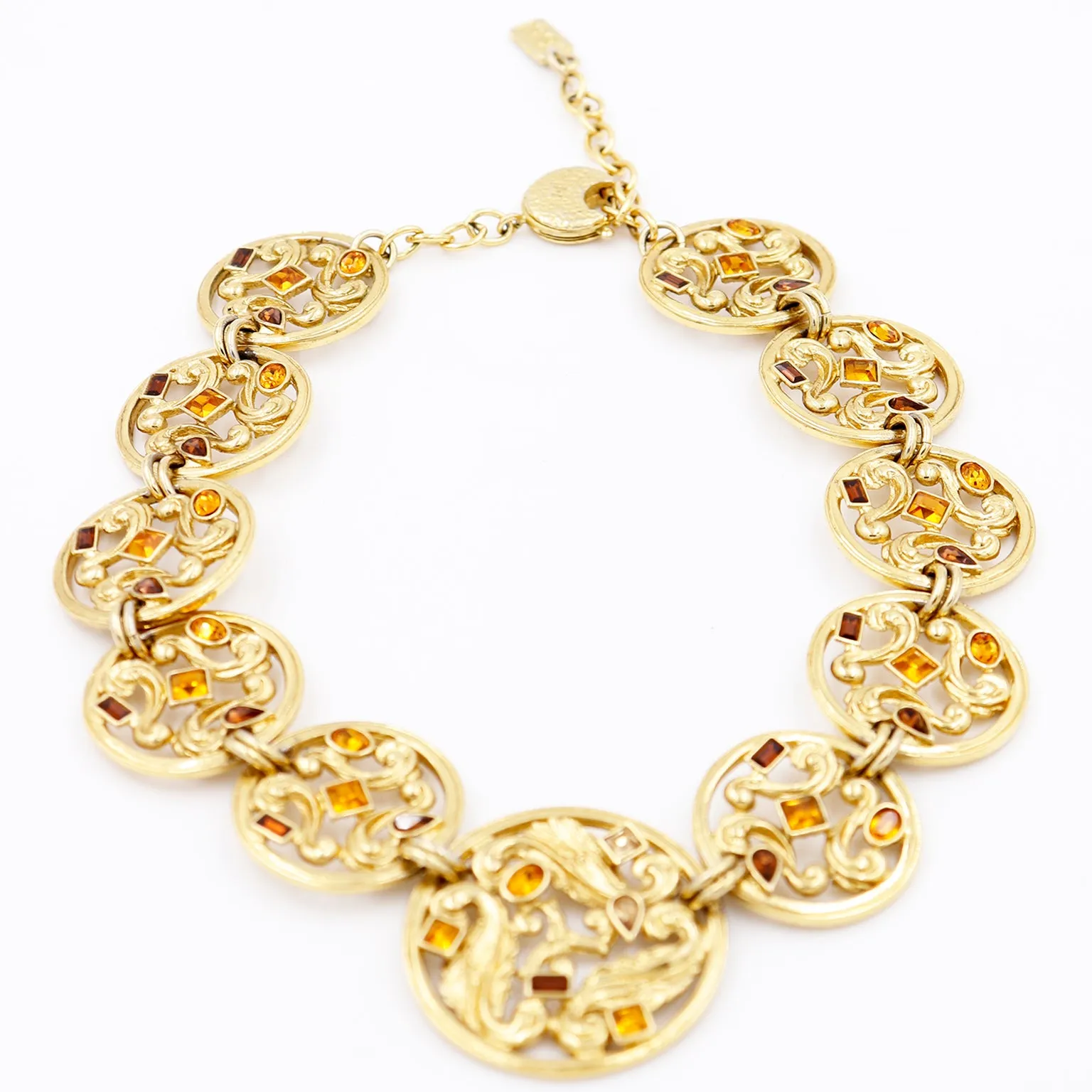 1980s YSL 3 pc Gold Jewelry Baroque Open Work Necklace Earrings Bracelet Set
