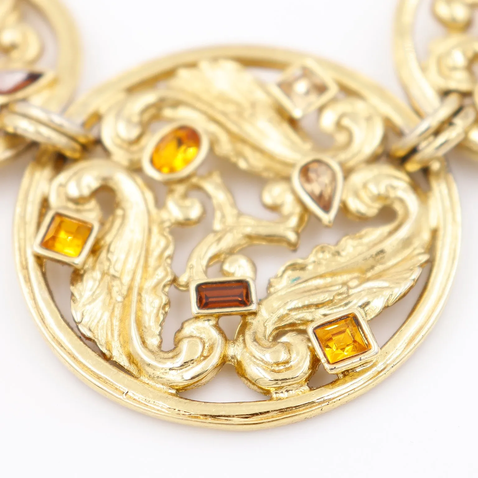 1980s YSL 3 pc Gold Jewelry Baroque Open Work Necklace Earrings Bracelet Set