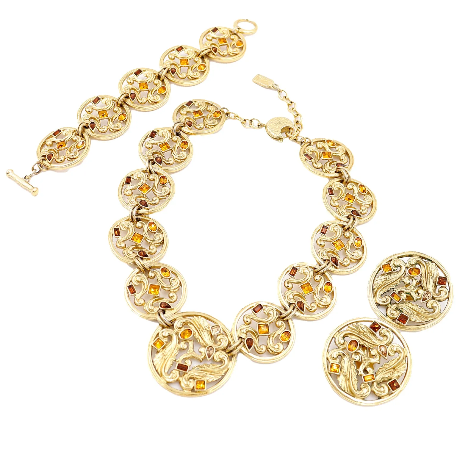 1980s YSL 3 pc Gold Jewelry Baroque Open Work Necklace Earrings Bracelet Set