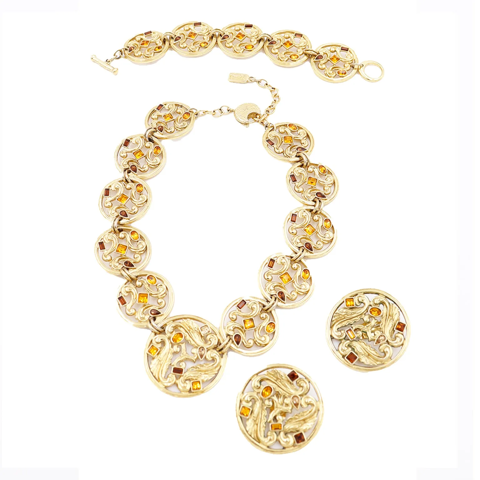 1980s YSL 3 pc Gold Jewelry Baroque Open Work Necklace Earrings Bracelet Set