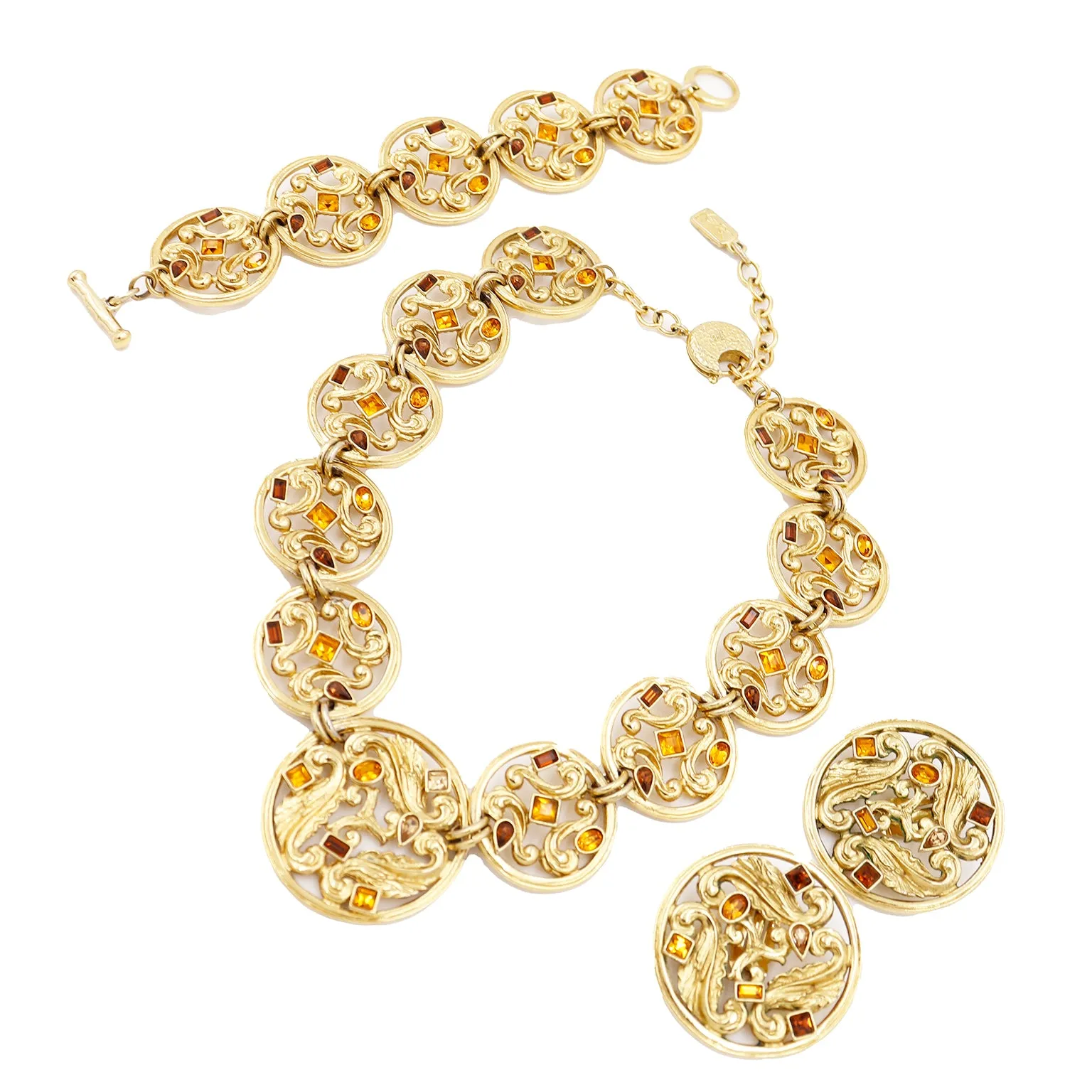 1980s YSL 3 pc Gold Jewelry Baroque Open Work Necklace Earrings Bracelet Set