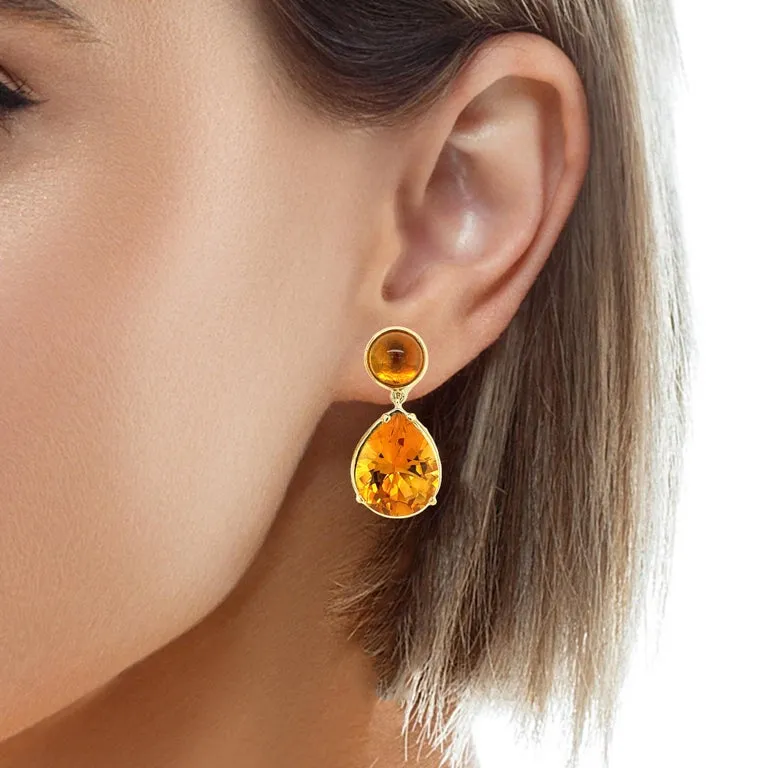 26.18 Carat Total Citrine Cabochon and Faceted Pear 18K Gold Dangle Earrings