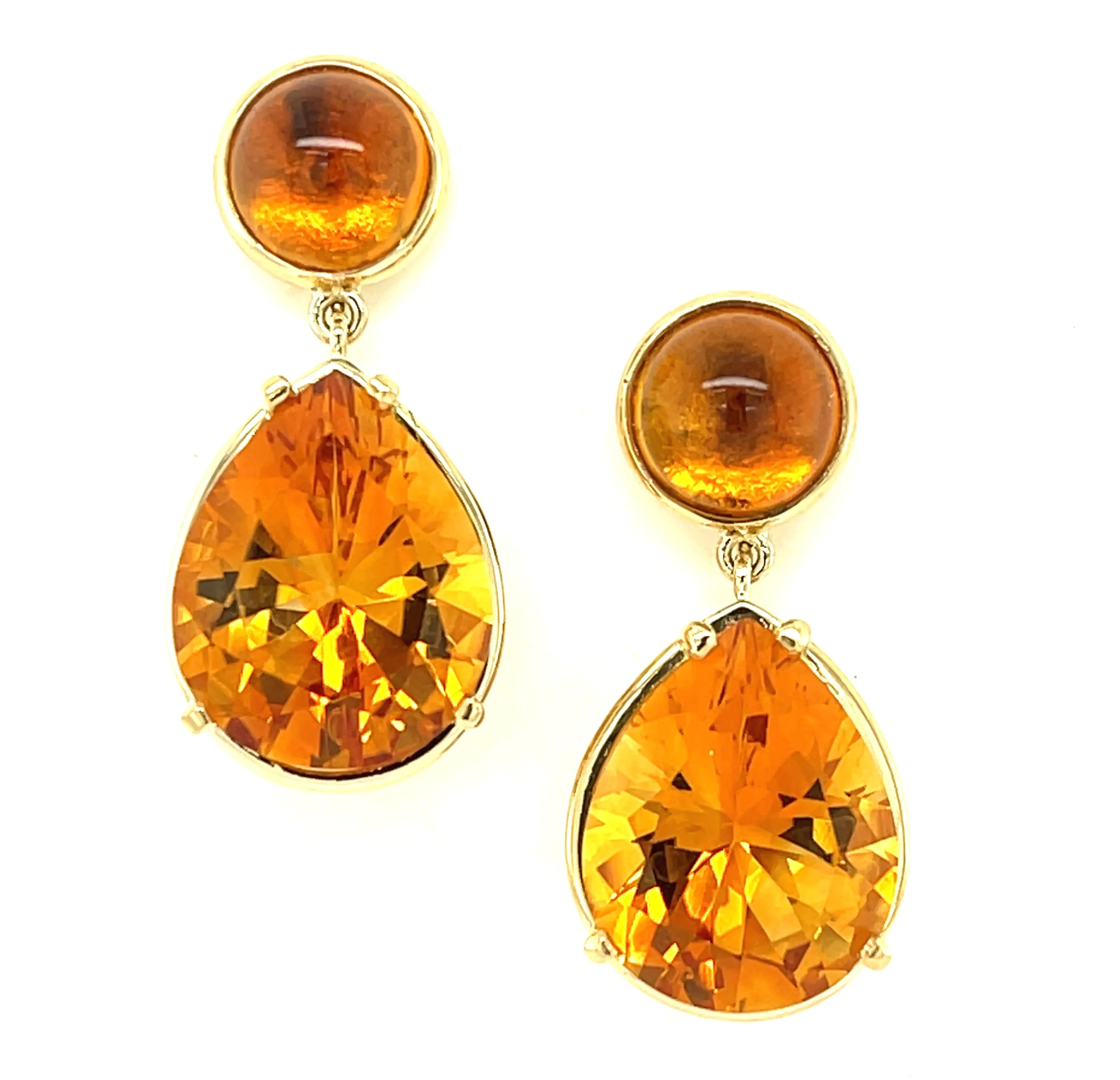 26.18 Carat Total Citrine Cabochon and Faceted Pear 18K Gold Dangle Earrings