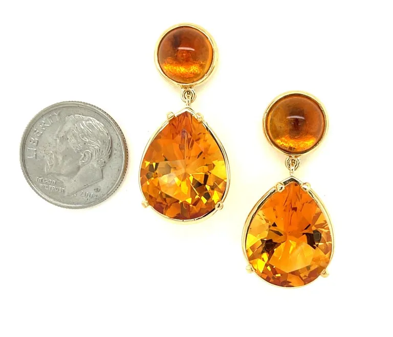 26.18 Carat Total Citrine Cabochon and Faceted Pear 18K Gold Dangle Earrings