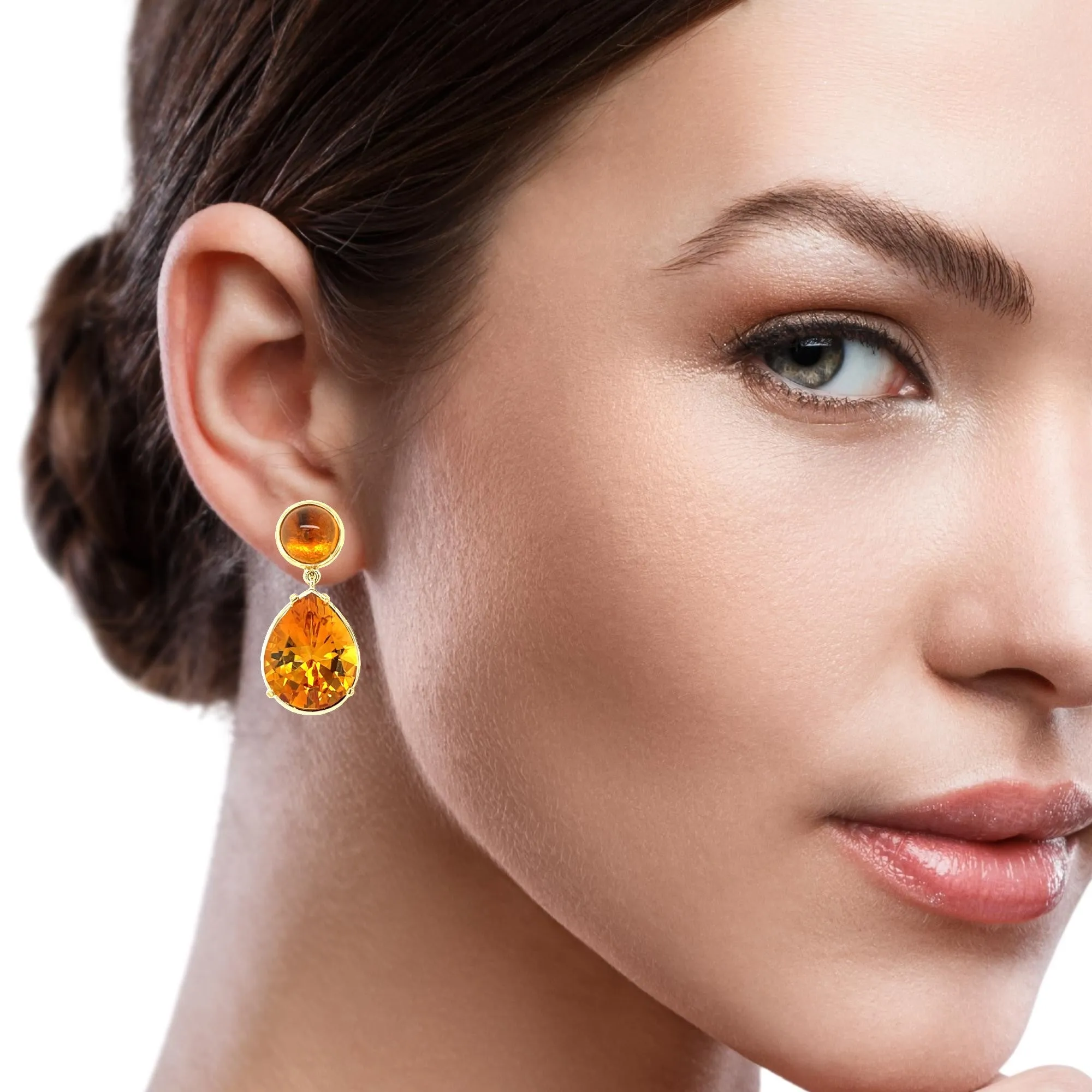 26.18 Carat Total Citrine Cabochon and Faceted Pear 18K Gold Dangle Earrings