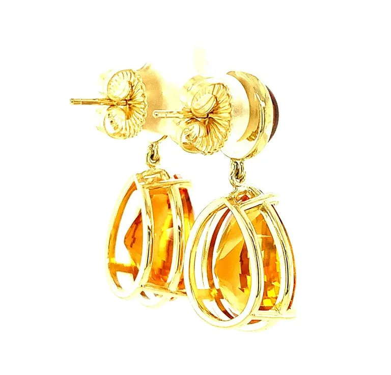 26.18 Carat Total Citrine Cabochon and Faceted Pear 18K Gold Dangle Earrings