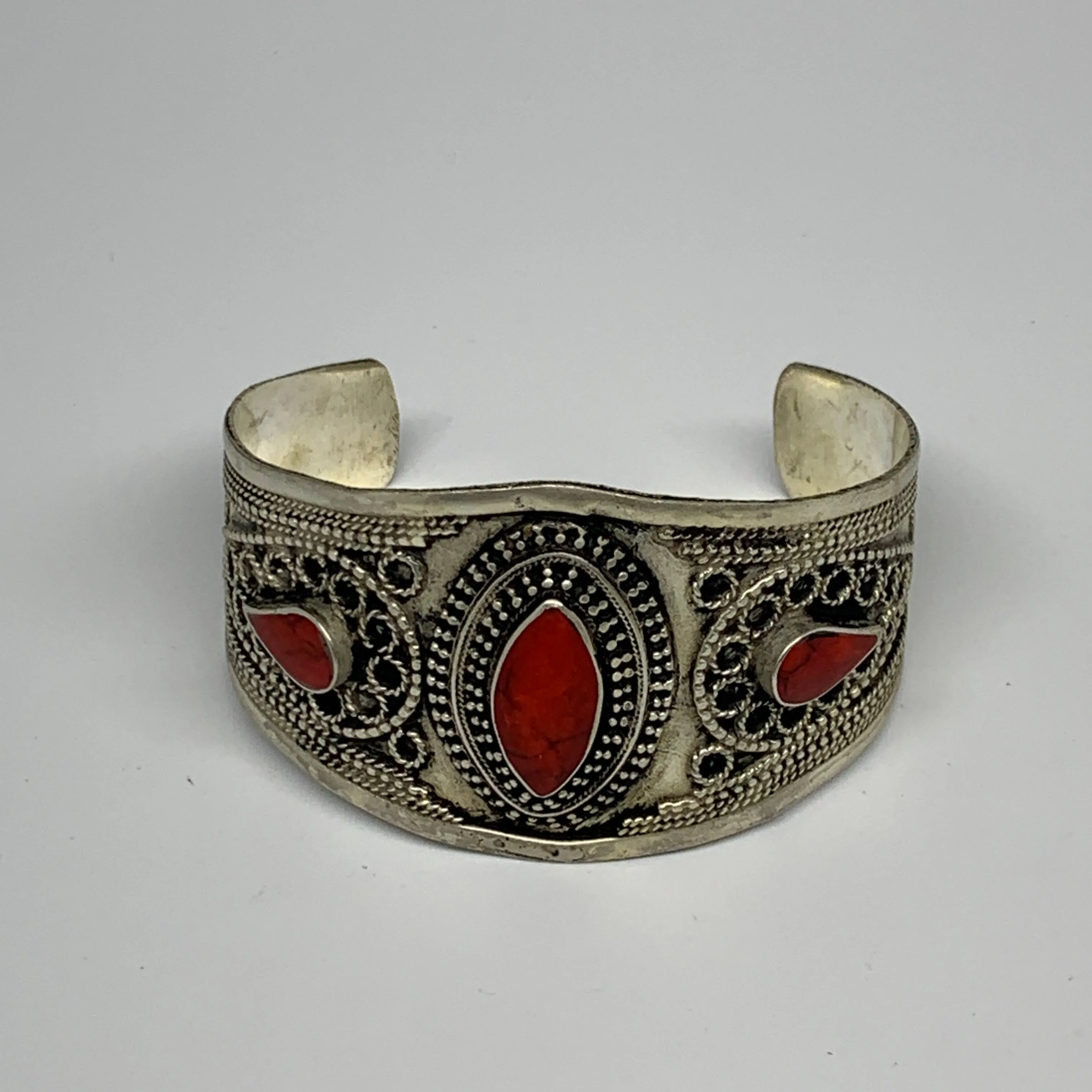 33.7g, 1.6" Turkmen Cuff Bracelet Tribal Small Marquise, Red Coral Inlay, B13494
