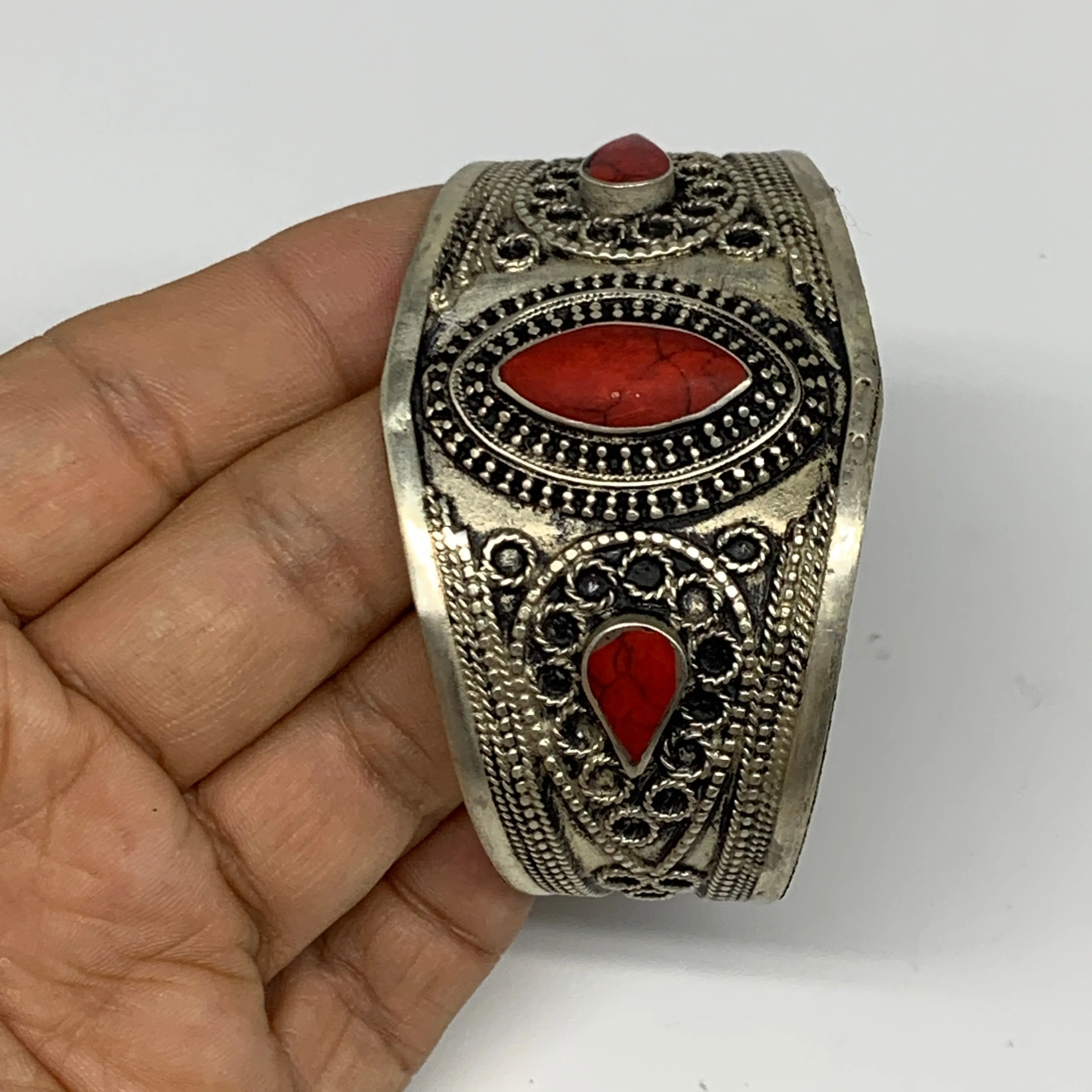 33.7g, 1.6" Turkmen Cuff Bracelet Tribal Small Marquise, Red Coral Inlay, B13494