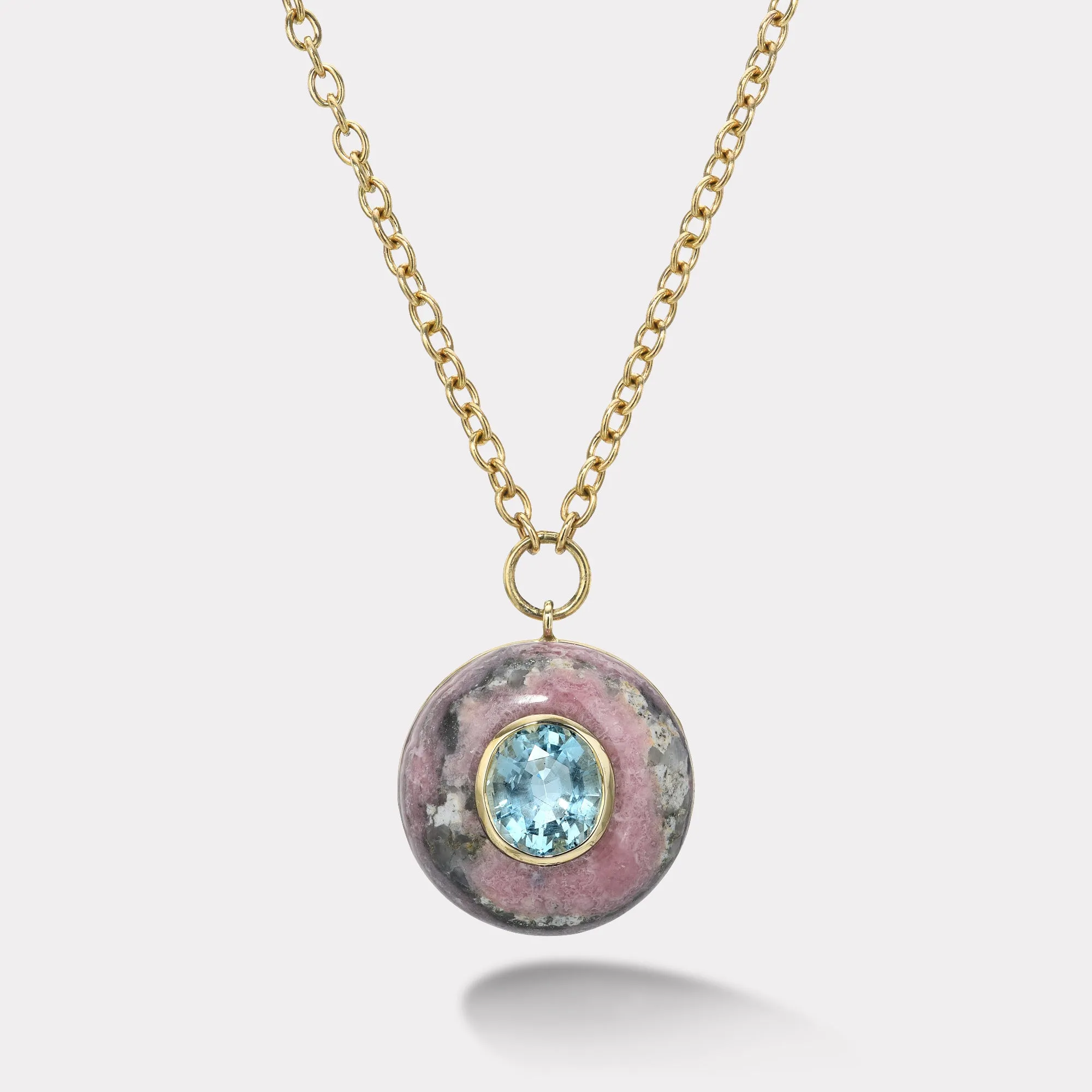 3.40ct Round Aquamarine in Hand Carved Rhodochrosite Lollipop Pendant