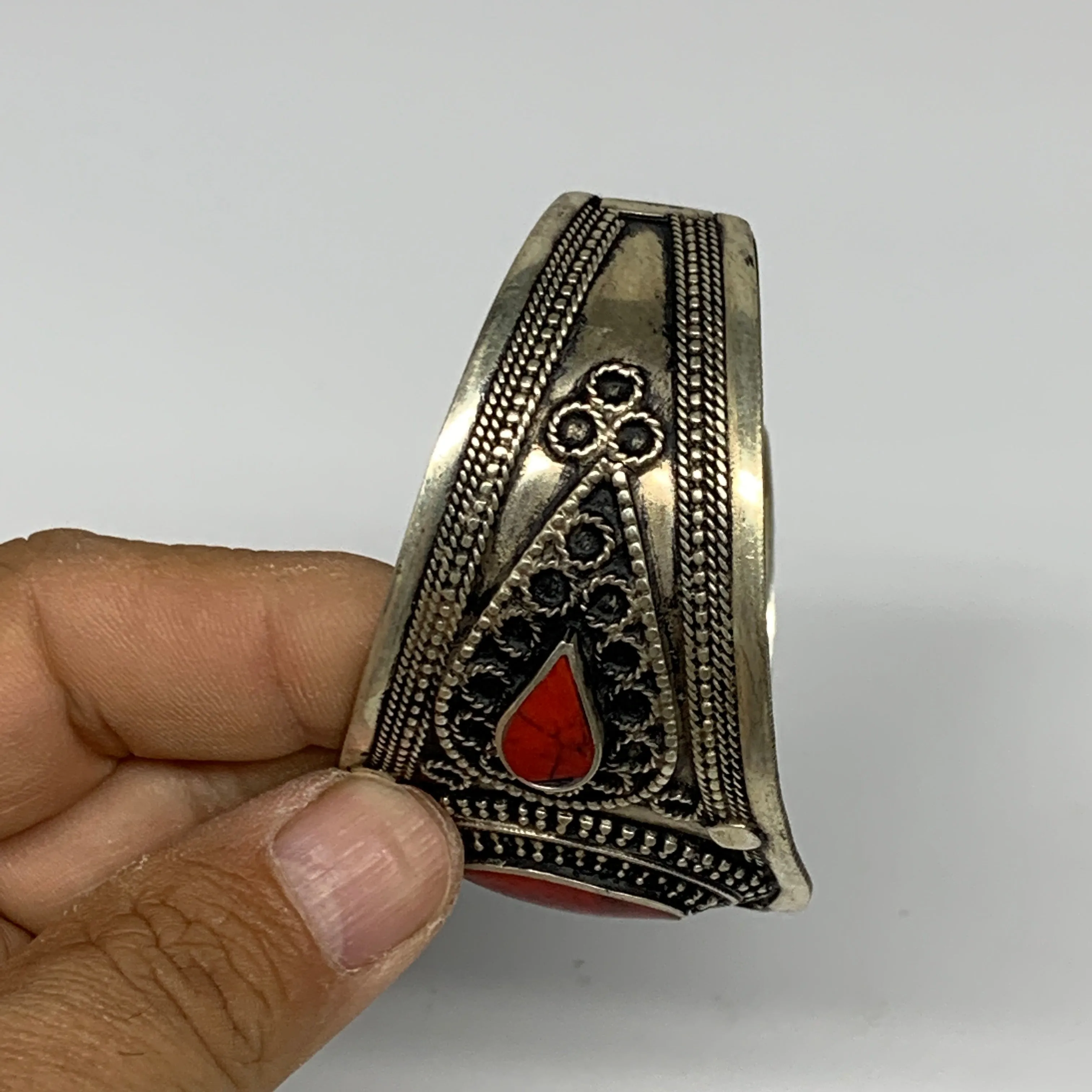 34.2g, 1.6" Turkmen Cuff Bracelet Tribal Small Marquise, Red Coral Inlay, B13501