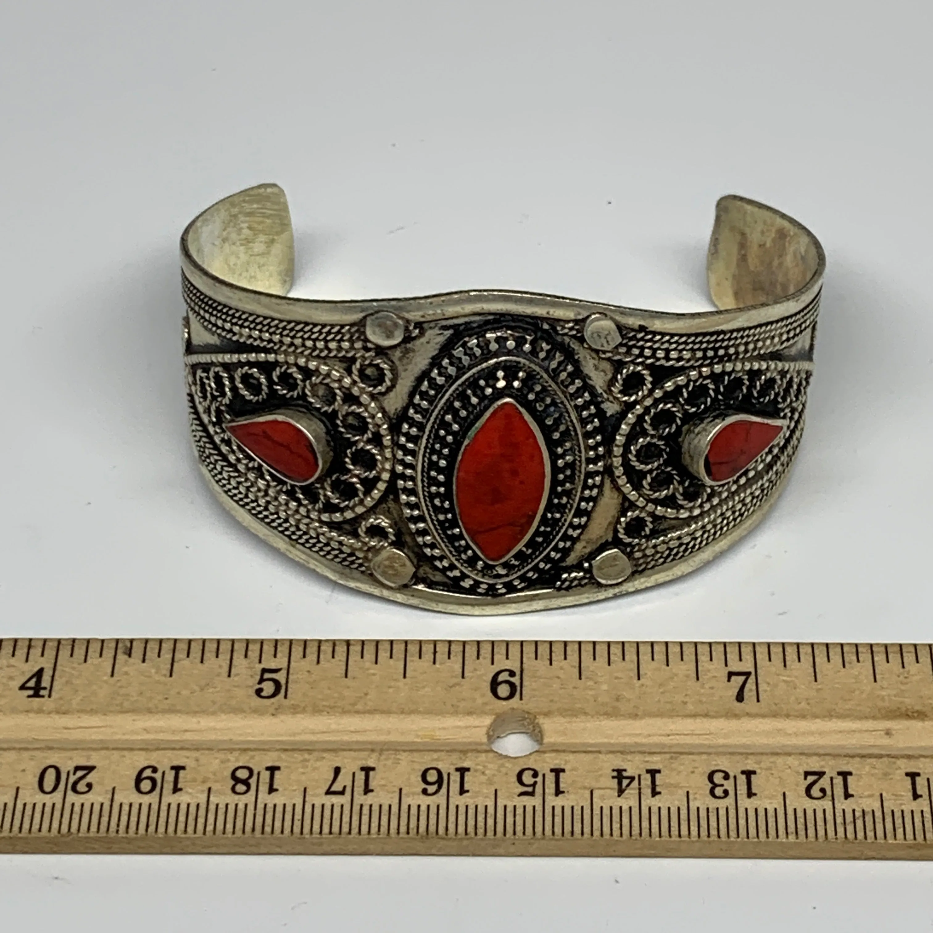 34.2g, 1.6" Turkmen Cuff Bracelet Tribal Small Marquise, Red Coral Inlay, B13501