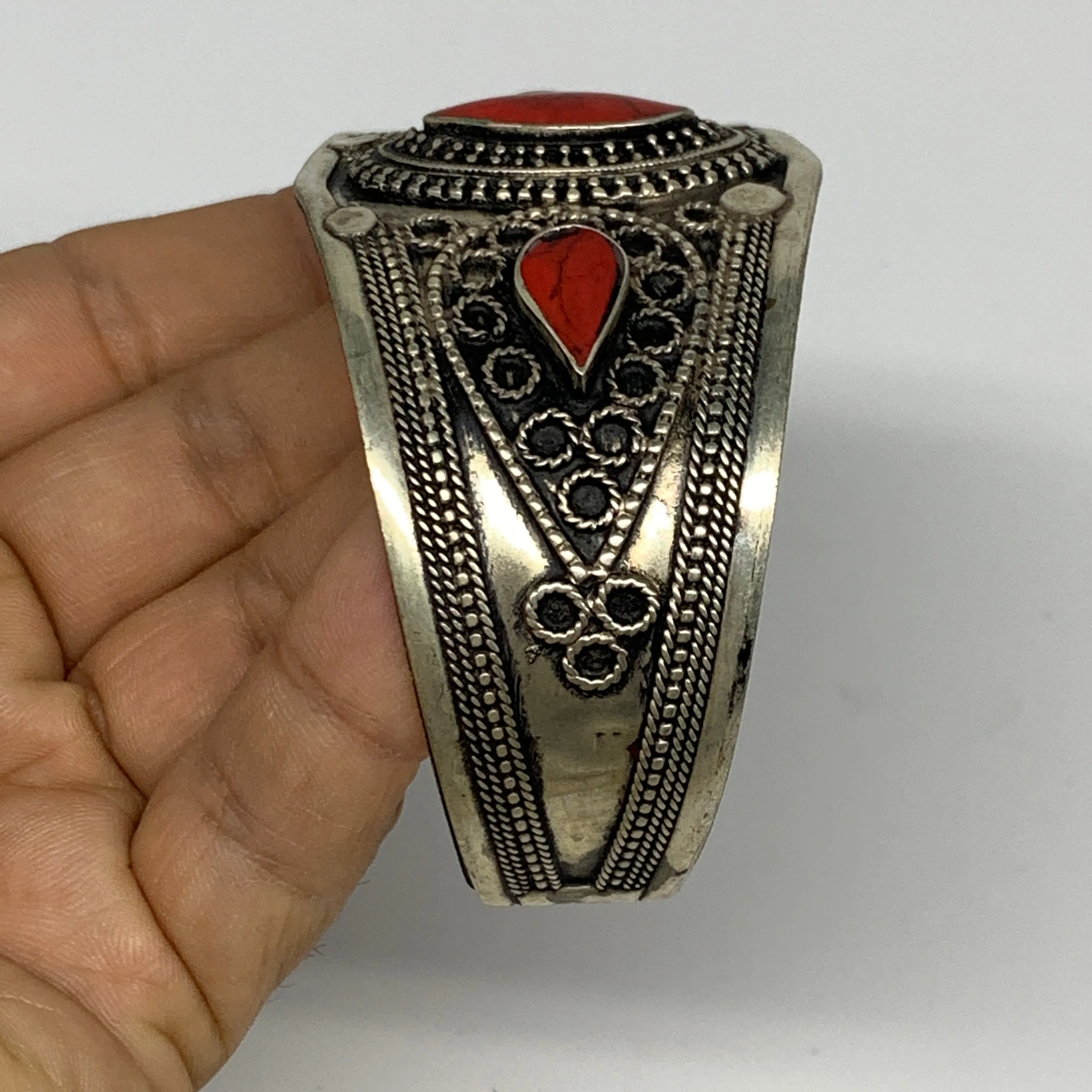 34.2g, 1.6" Turkmen Cuff Bracelet Tribal Small Marquise, Red Coral Inlay, B13501