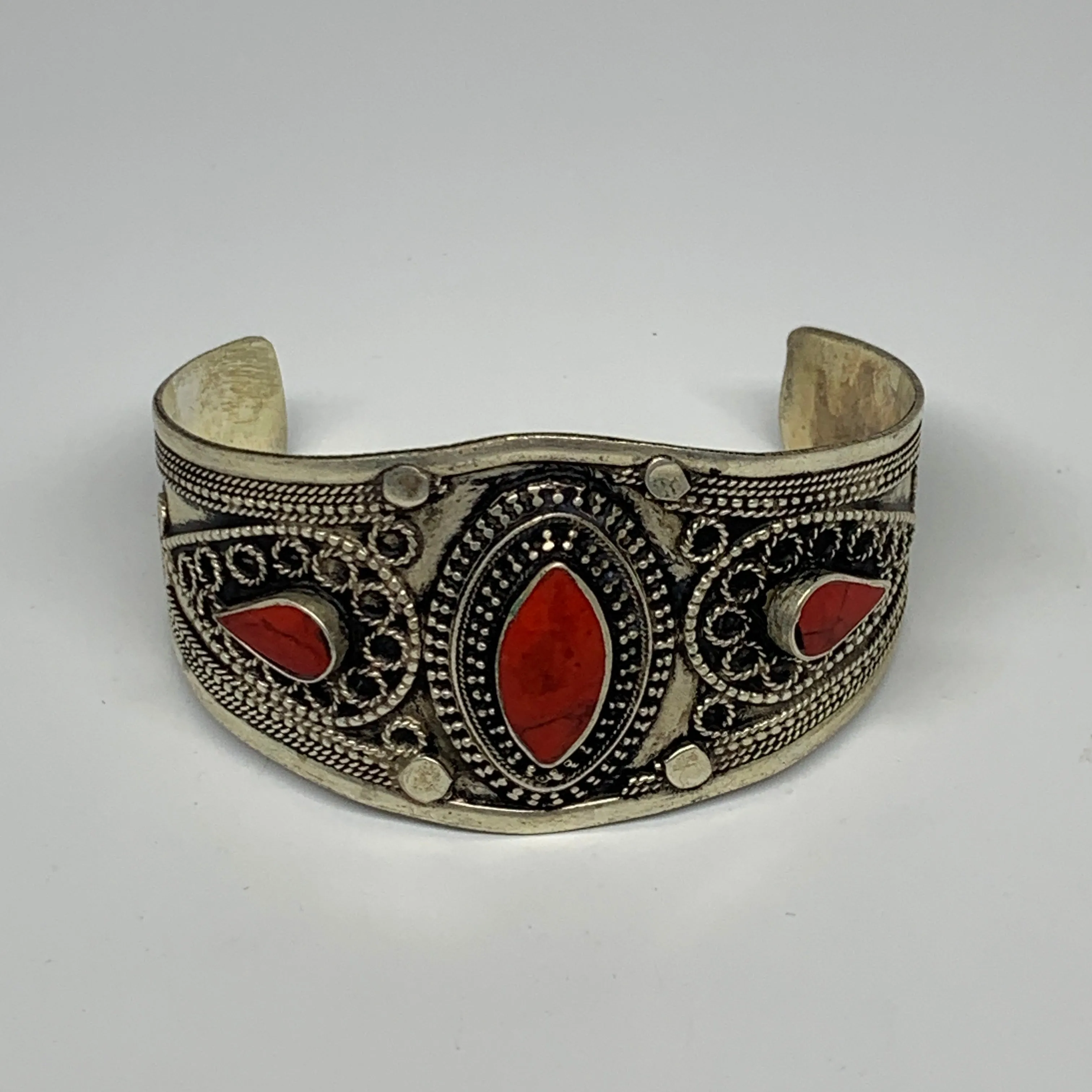 34.2g, 1.6" Turkmen Cuff Bracelet Tribal Small Marquise, Red Coral Inlay, B13501