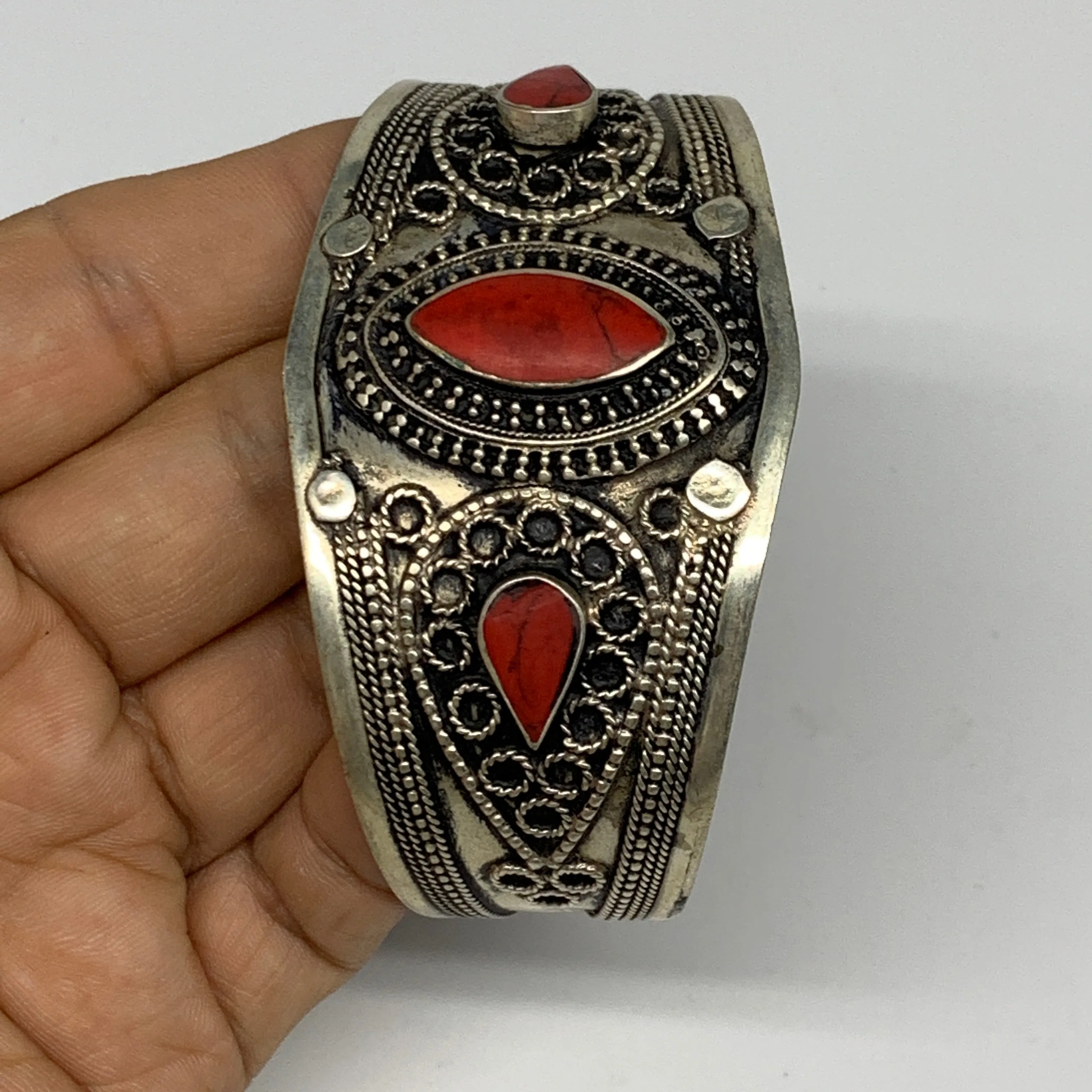 34.2g, 1.6" Turkmen Cuff Bracelet Tribal Small Marquise, Red Coral Inlay, B13501