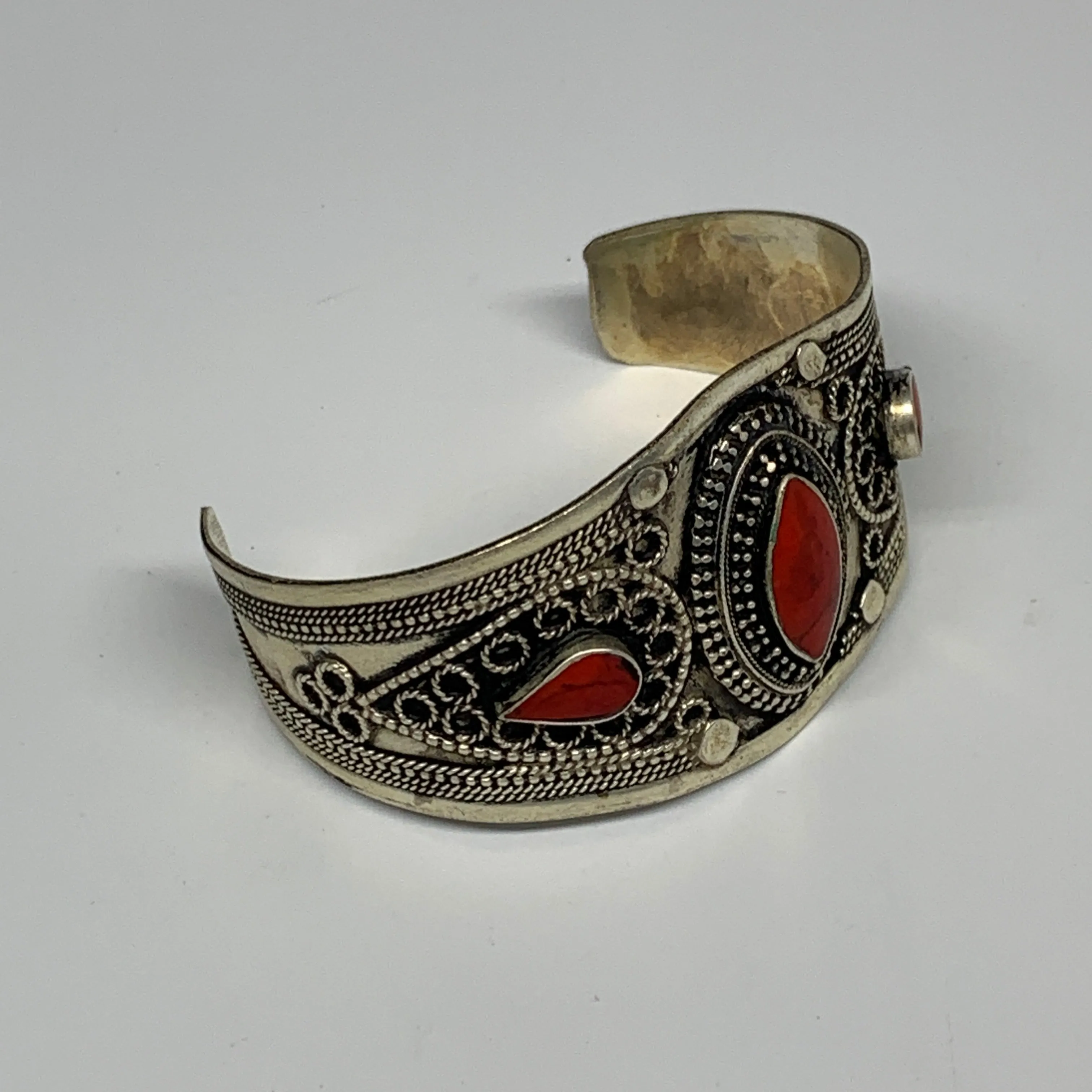 34.2g, 1.6" Turkmen Cuff Bracelet Tribal Small Marquise, Red Coral Inlay, B13501
