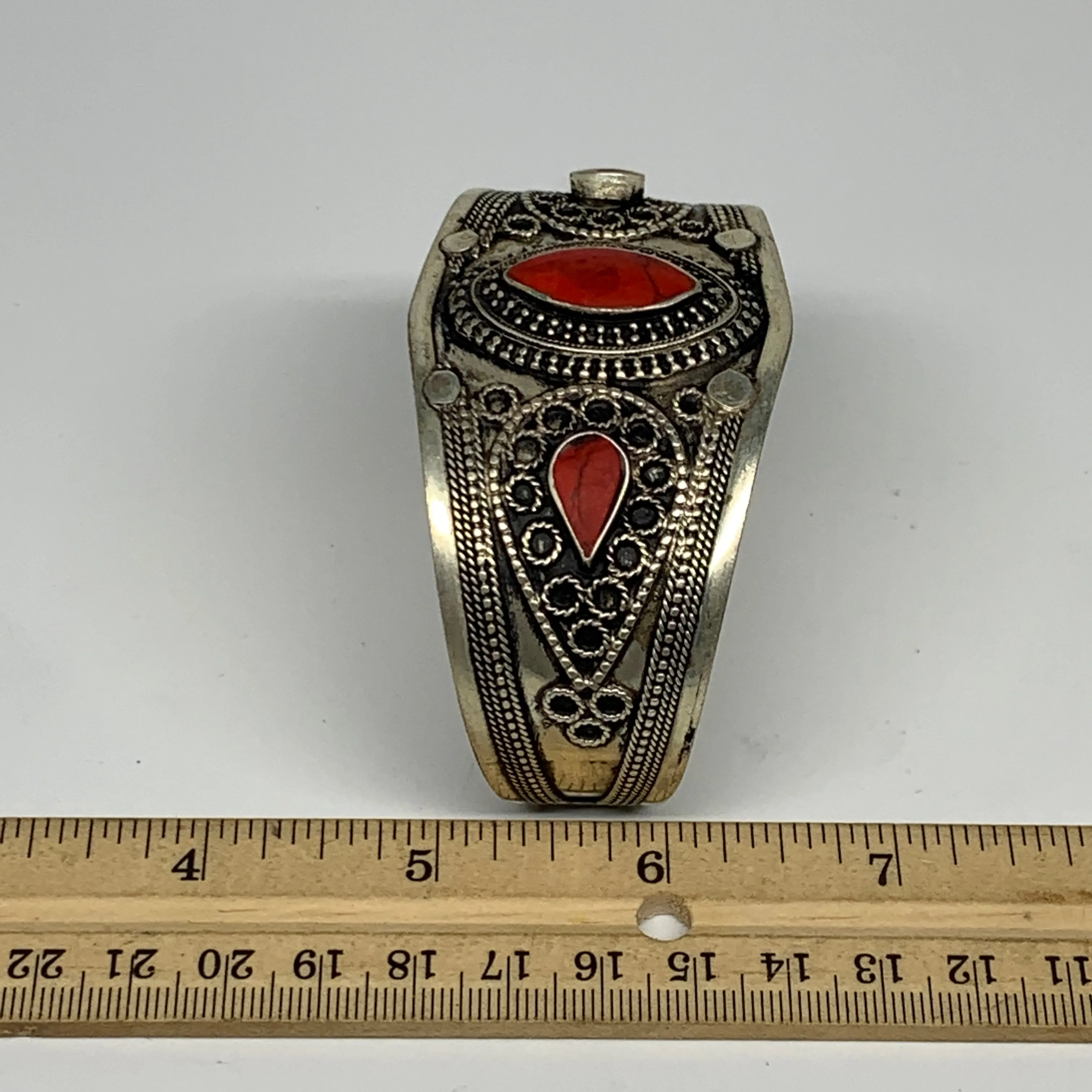 34.2g, 1.6" Turkmen Cuff Bracelet Tribal Small Marquise, Red Coral Inlay, B13501