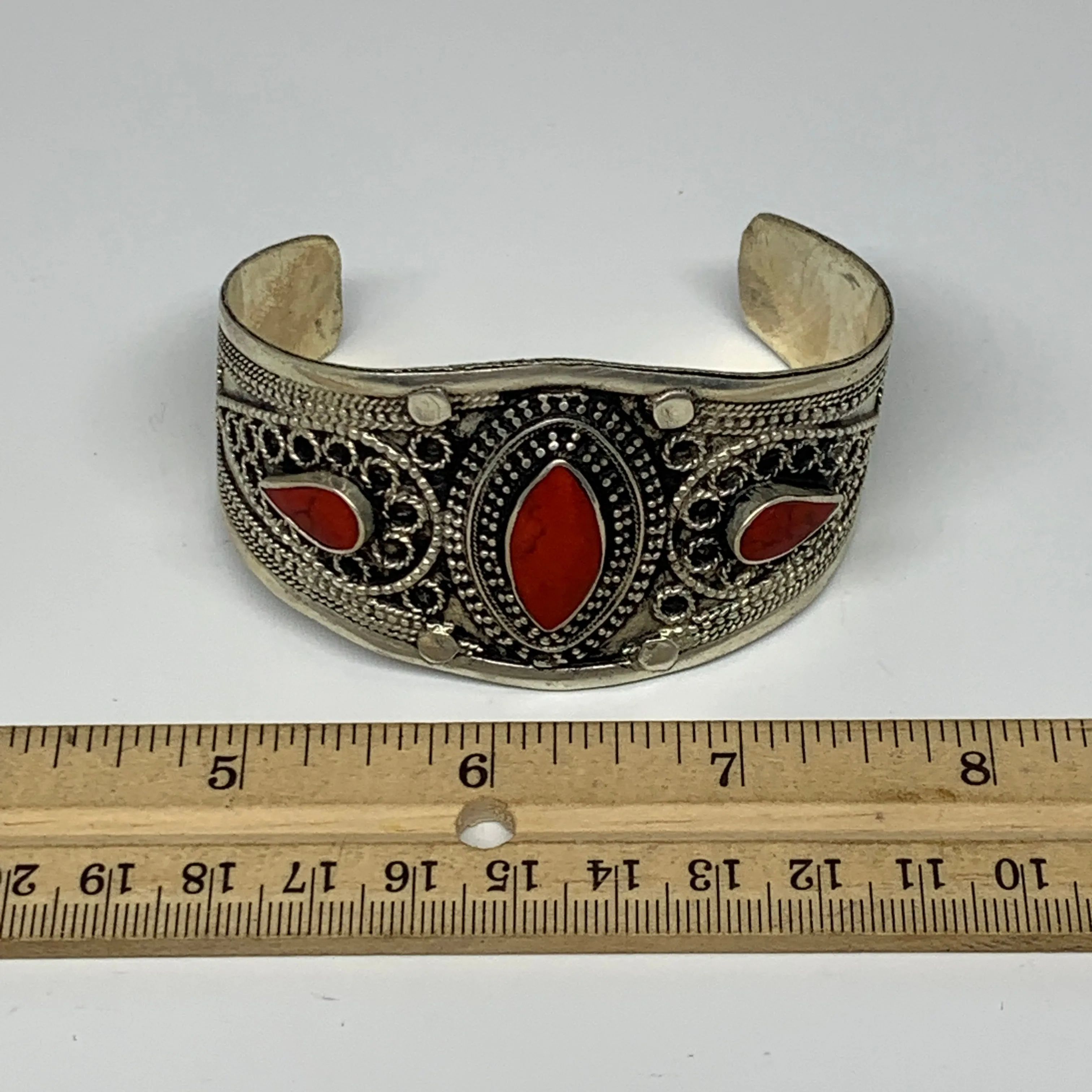 34.4g, 1.6" Turkmen Cuff Bracelet Tribal Small Marquise, Red Coral Inlay, B13504