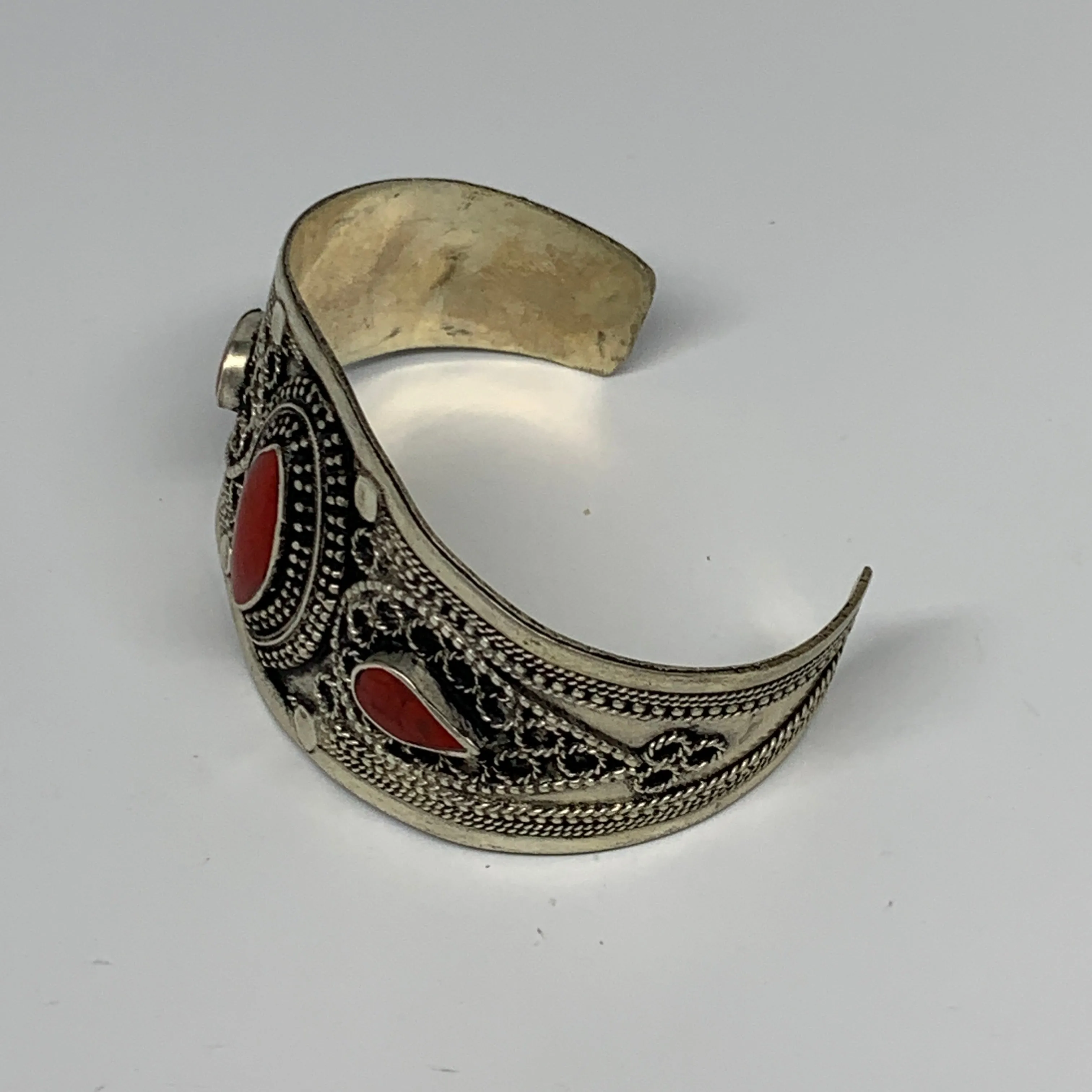 34.4g, 1.6" Turkmen Cuff Bracelet Tribal Small Marquise, Red Coral Inlay, B13504