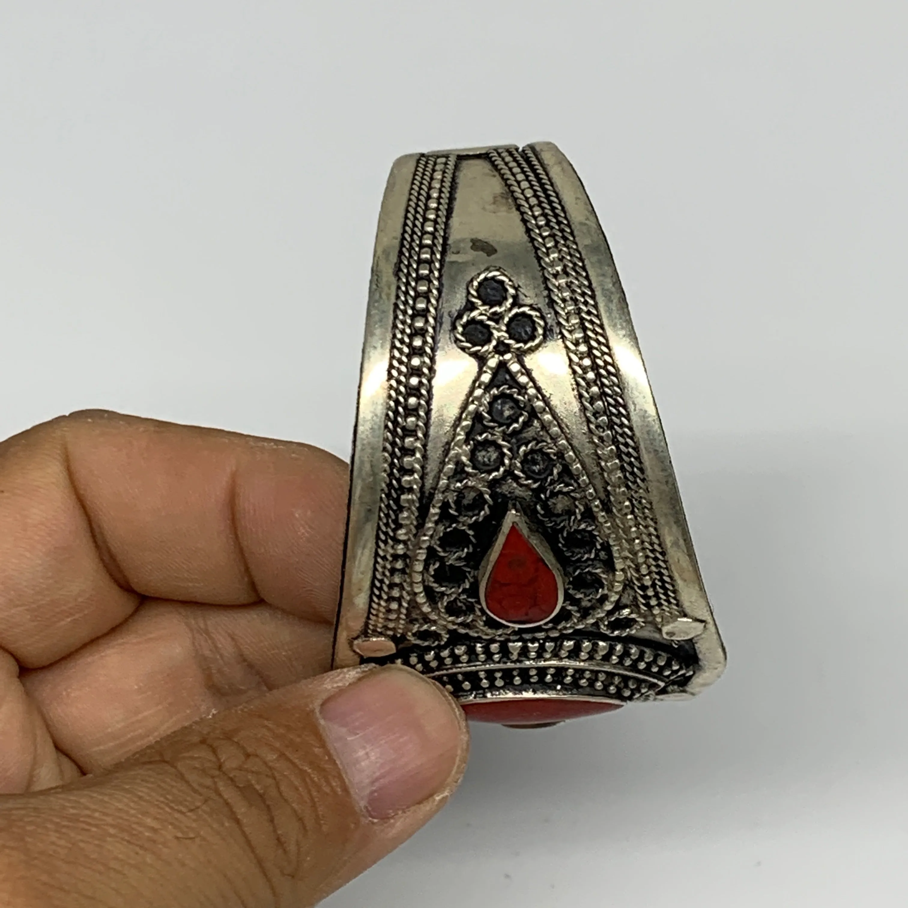 34.4g, 1.6" Turkmen Cuff Bracelet Tribal Small Marquise, Red Coral Inlay, B13504
