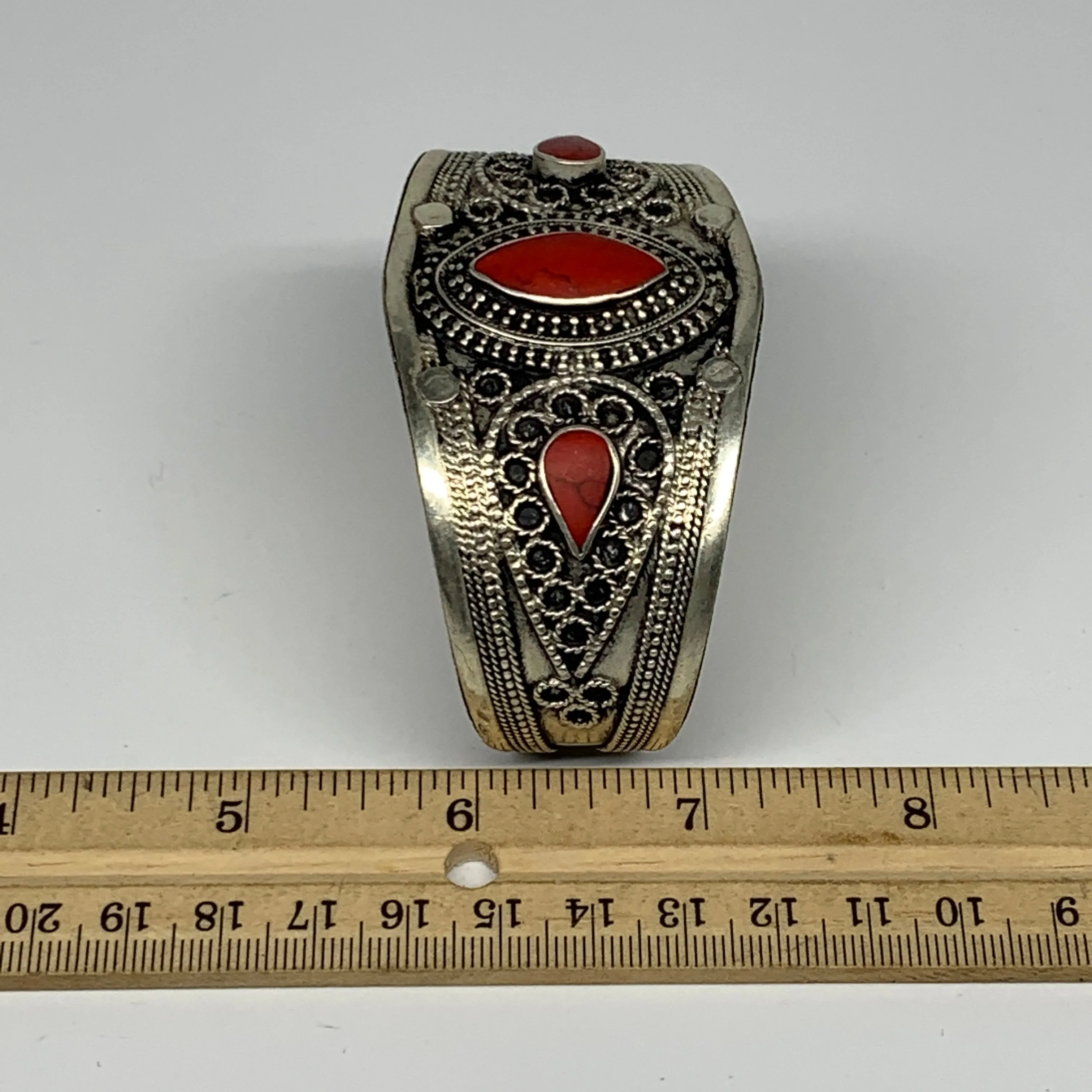 34.4g, 1.6" Turkmen Cuff Bracelet Tribal Small Marquise, Red Coral Inlay, B13504
