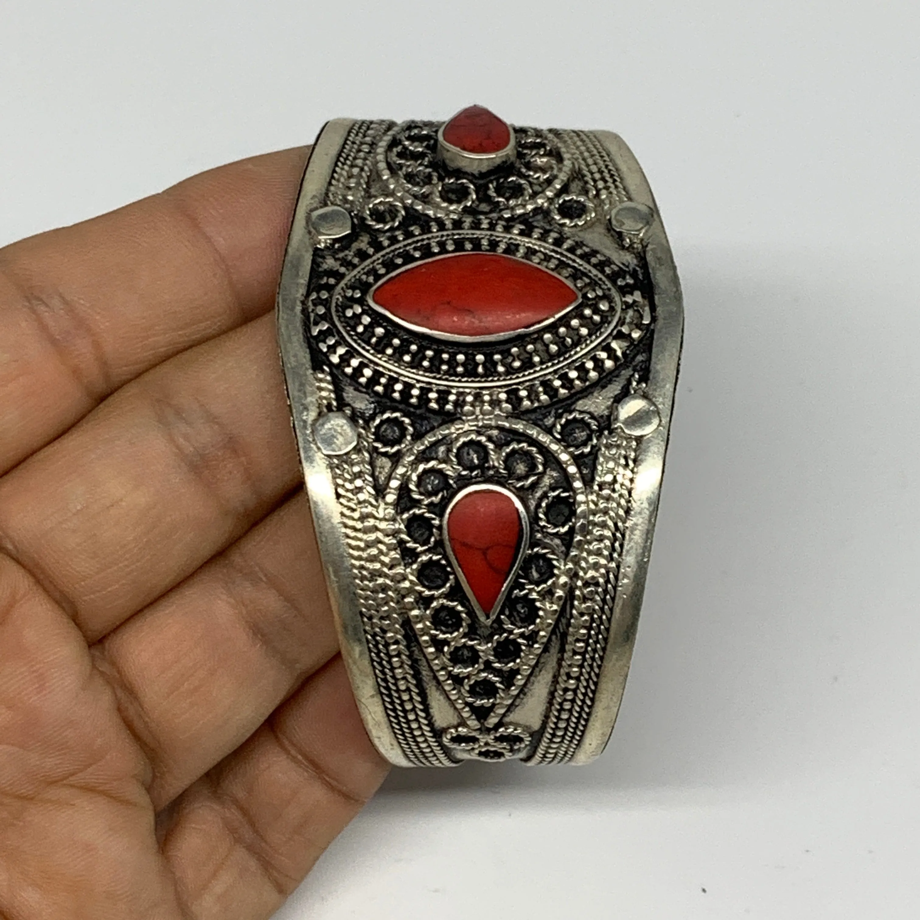 34.4g, 1.6" Turkmen Cuff Bracelet Tribal Small Marquise, Red Coral Inlay, B13504