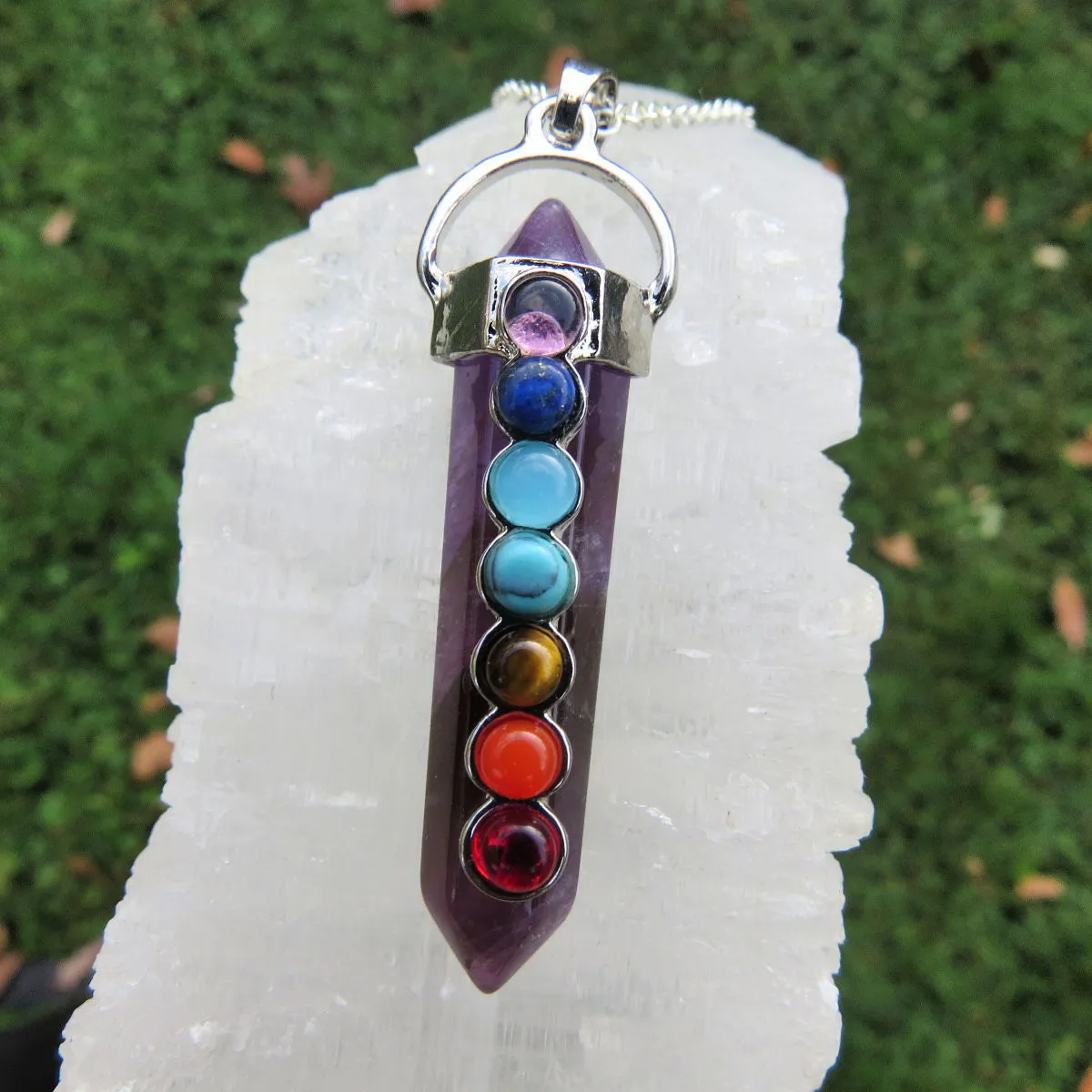 7 Chakra Crystal Point Necklace | Black Cord Chakra Necklace for Men