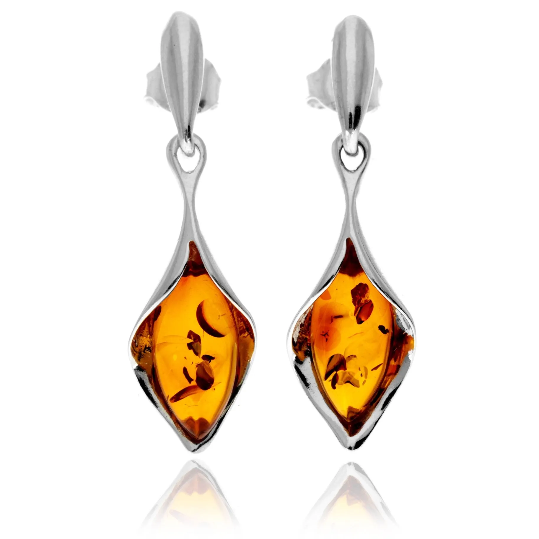 925 Sterling Silver & Genuine Baltic Amber Lily Drop Dangle Earrings - GL1051
