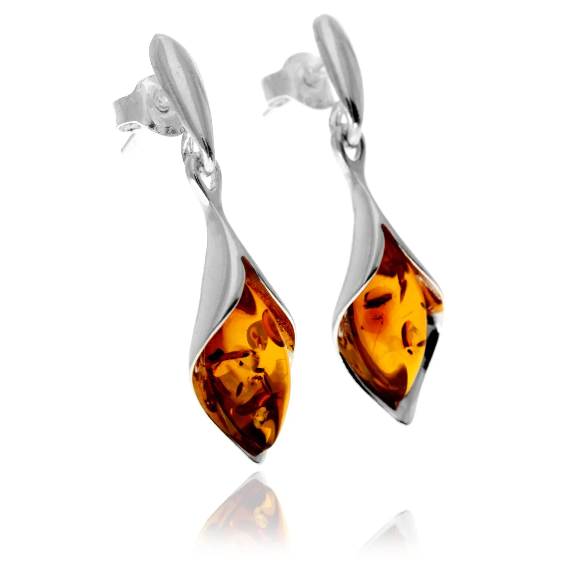 925 Sterling Silver & Genuine Baltic Amber Lily Drop Dangle Earrings - GL1051