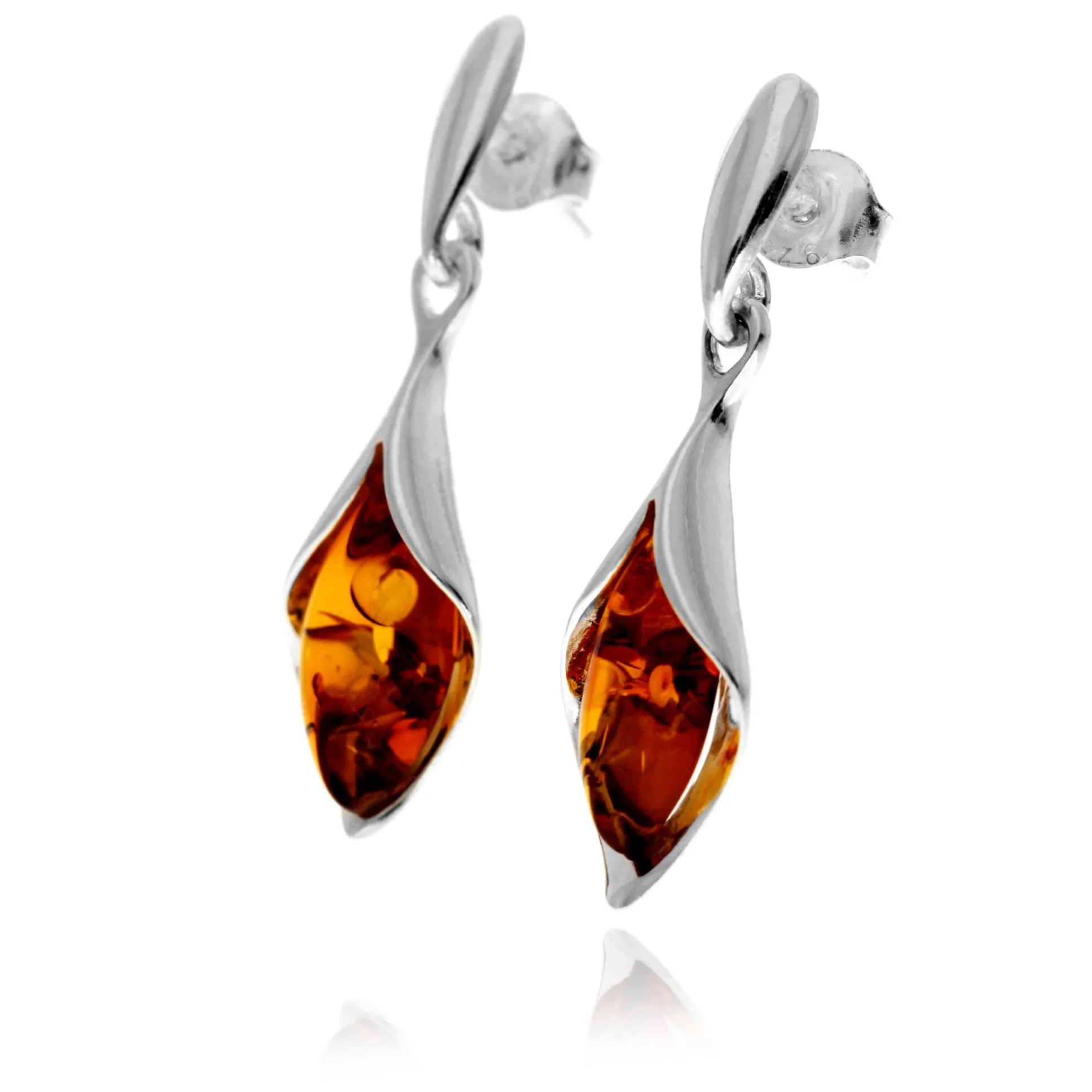 925 Sterling Silver & Genuine Baltic Amber Lily Drop Dangle Earrings - GL1051