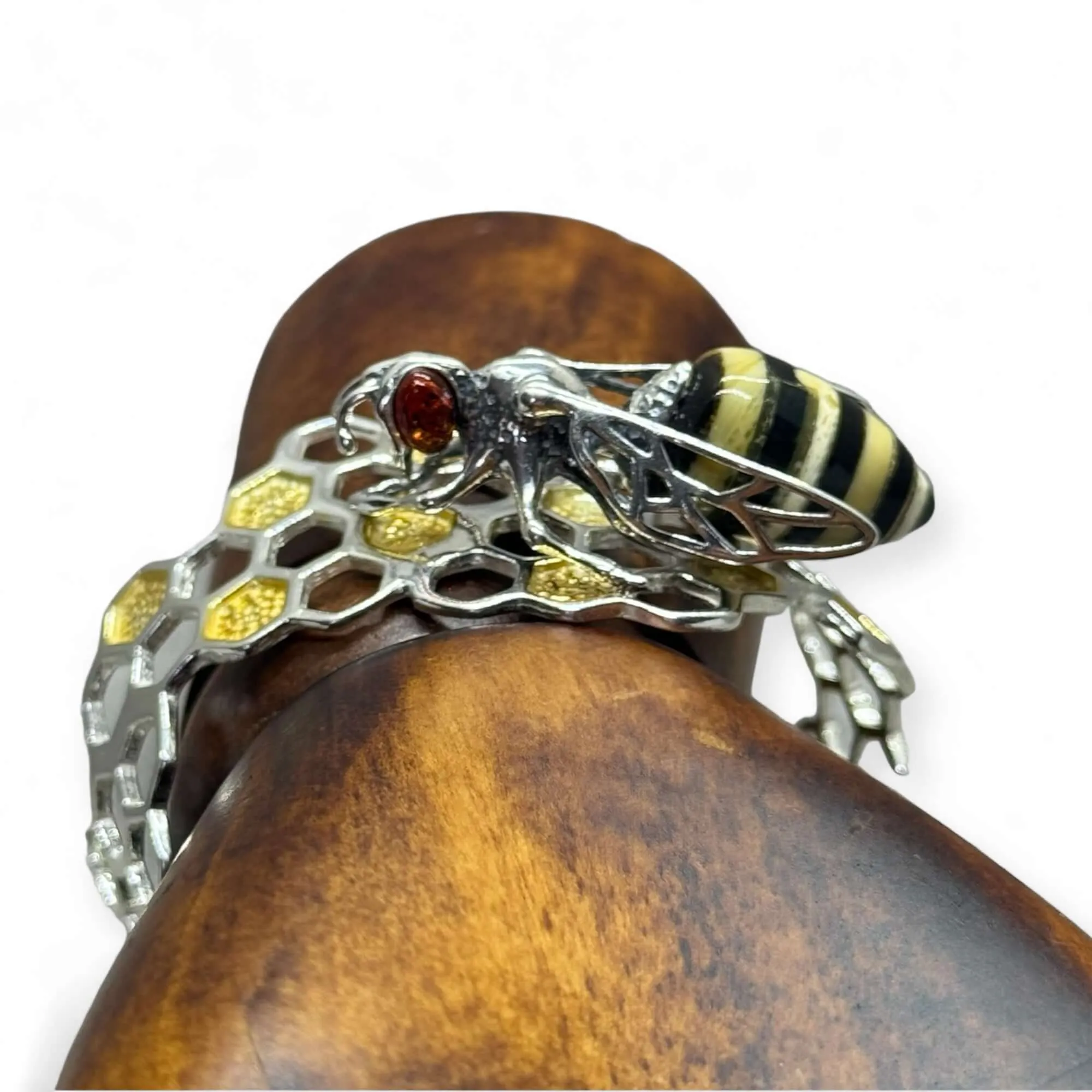 Amber Bee on Honeycomb Open Sterling Silver Cuff Bracelet