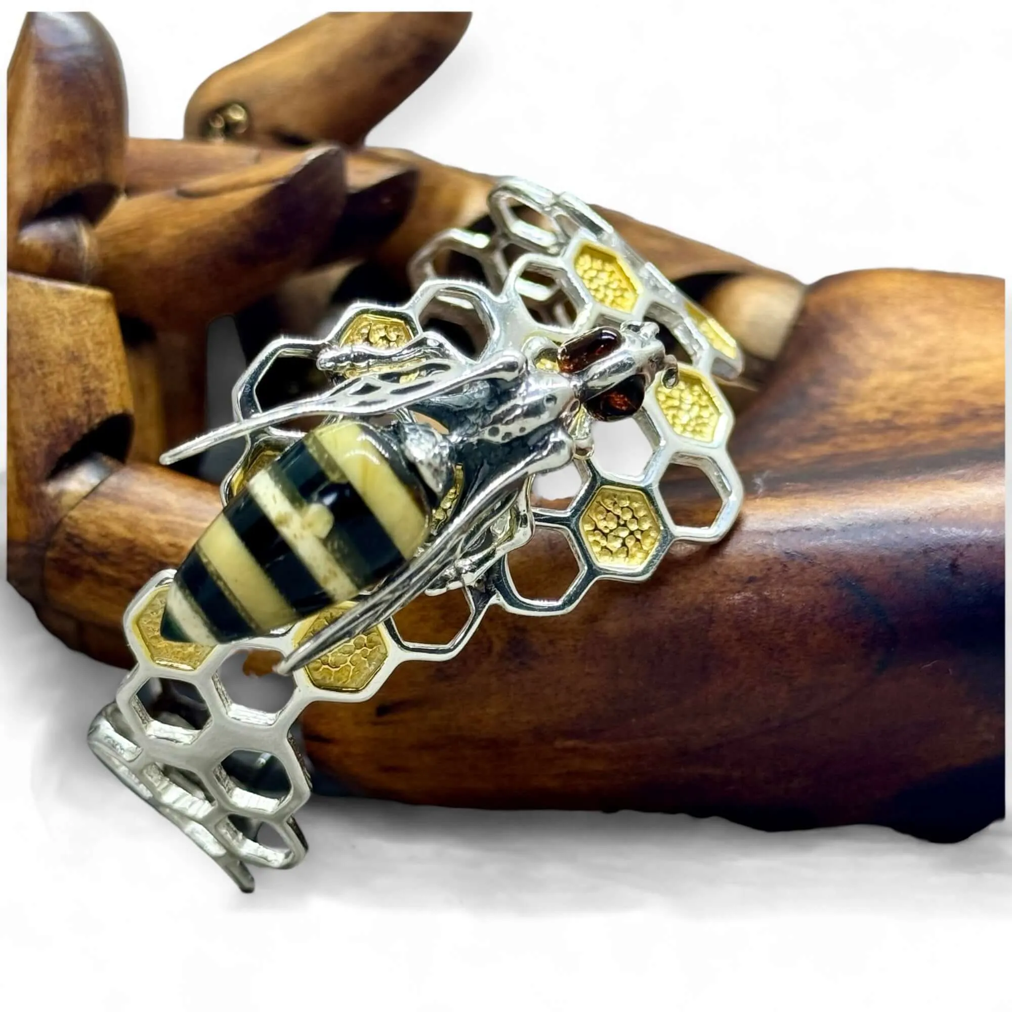 Amber Bee on Honeycomb Open Sterling Silver Cuff Bracelet
