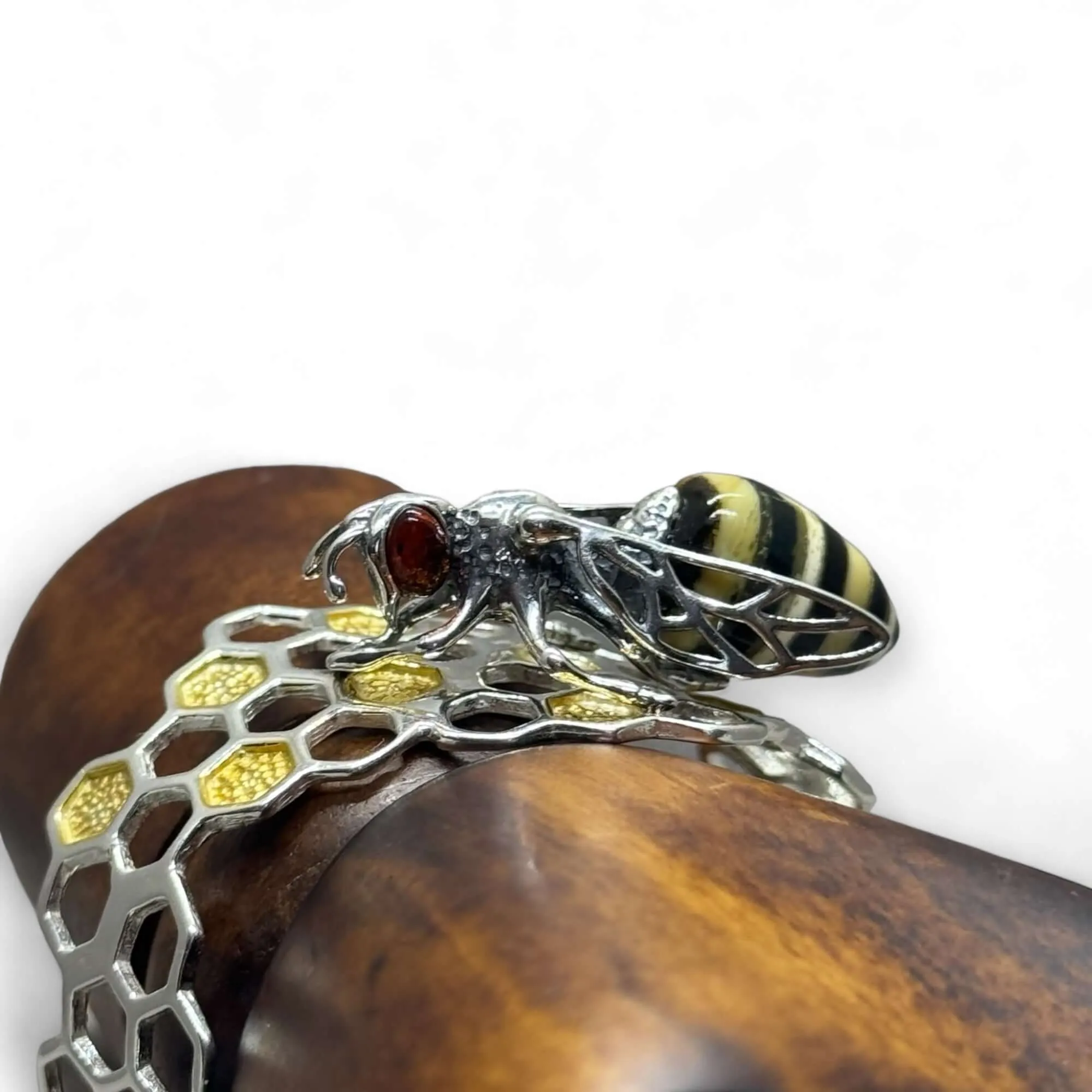 Amber Bee on Honeycomb Open Sterling Silver Cuff Bracelet