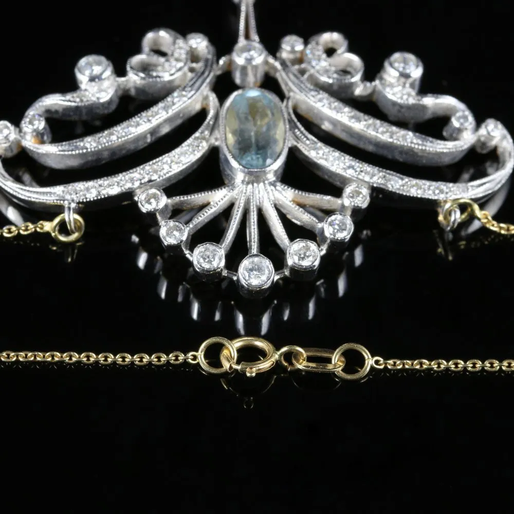 Antique Aquamarine Diamond Pendant Necklace 18Ct Yellow Gold 3Ct Aquamarine
