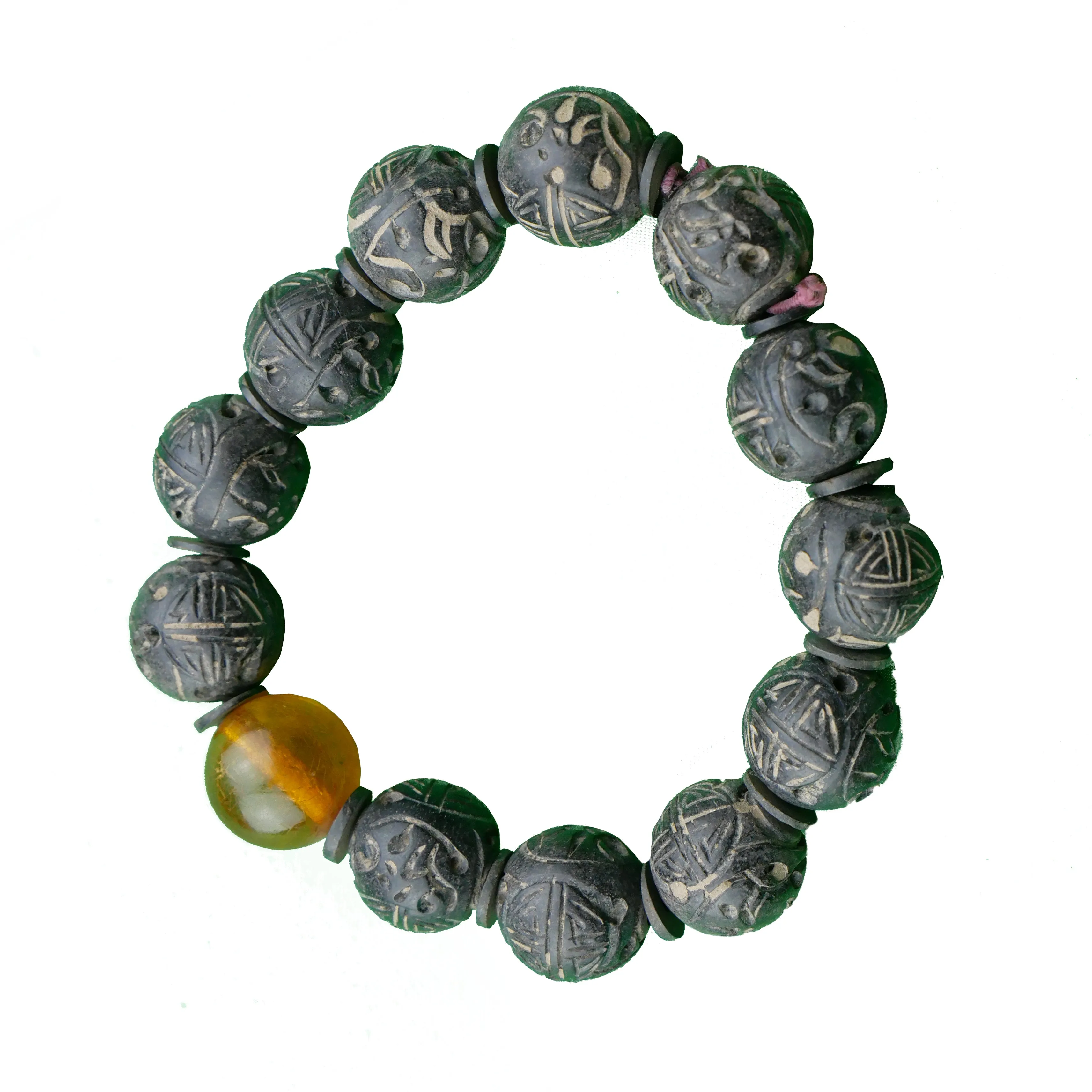 ANTIQUE CHEN XIANG LONGEVITY CHARACTER AND AMBER BEAD BRACELET