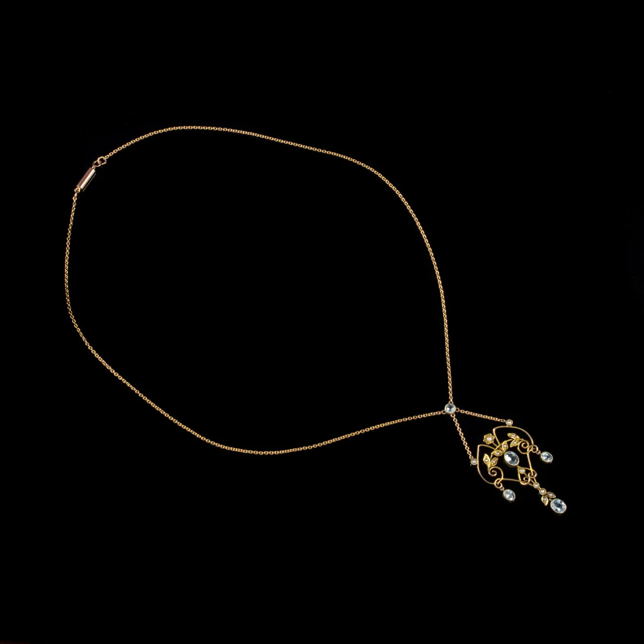 Antique Victorian Aquamarine Pearl Lavaliere Pendant Necklace 9Ct Gold Circa 1900