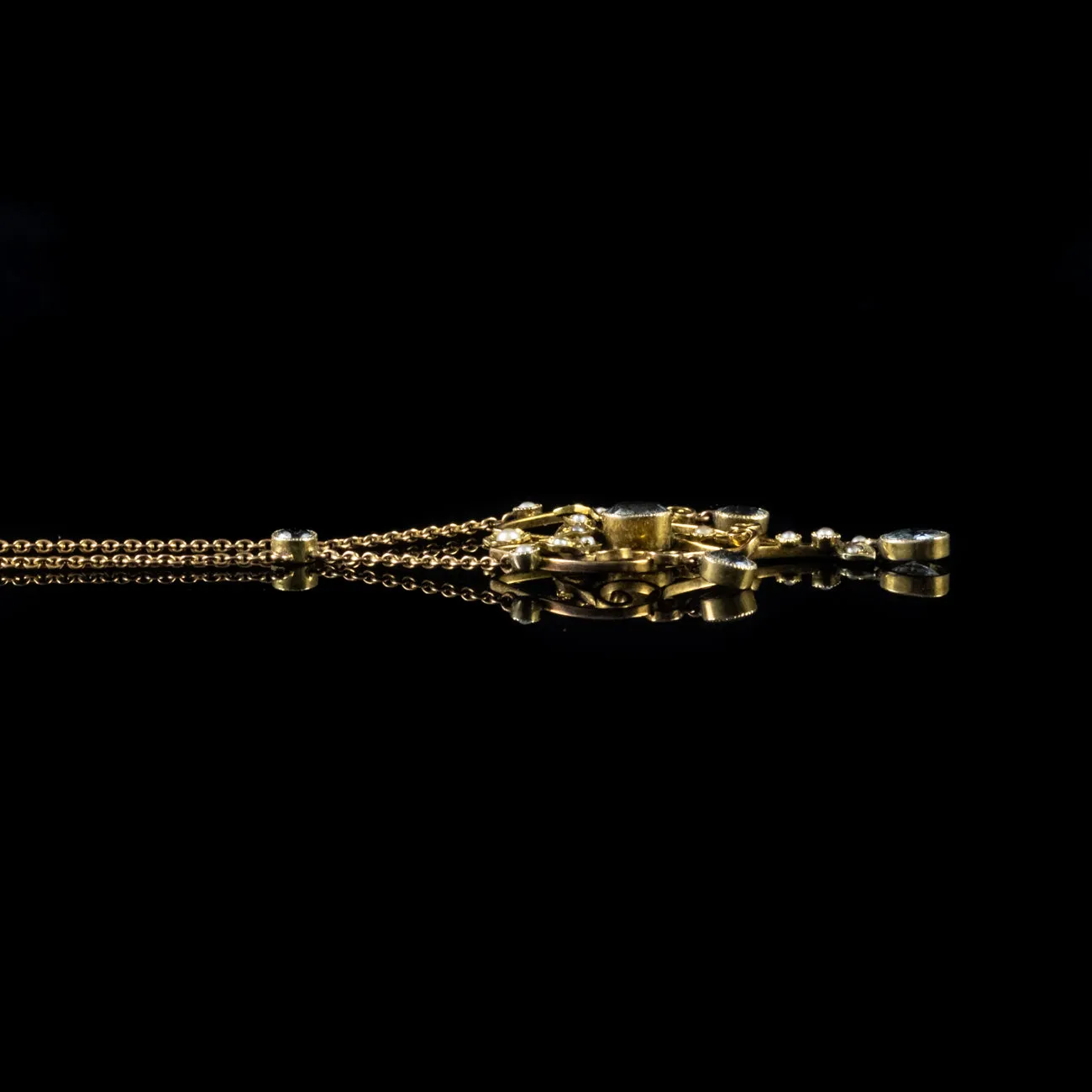 Antique Victorian Aquamarine Pearl Lavaliere Pendant Necklace 9Ct Gold Circa 1900
