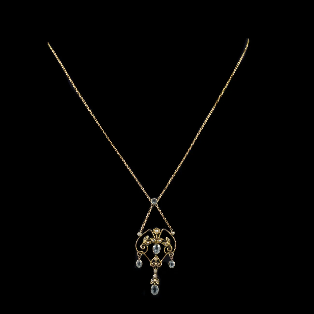 Antique Victorian Aquamarine Pearl Lavaliere Pendant Necklace 9Ct Gold Circa 1900