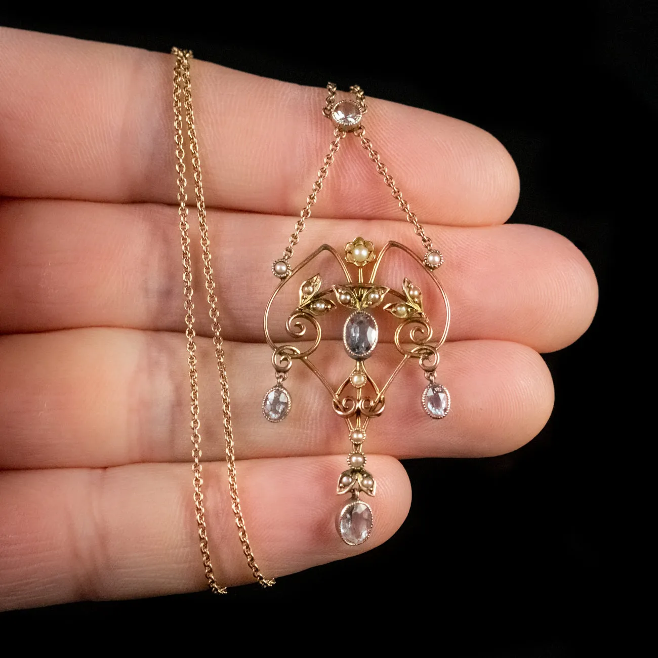 Antique Victorian Aquamarine Pearl Lavaliere Pendant Necklace 9Ct Gold Circa 1900