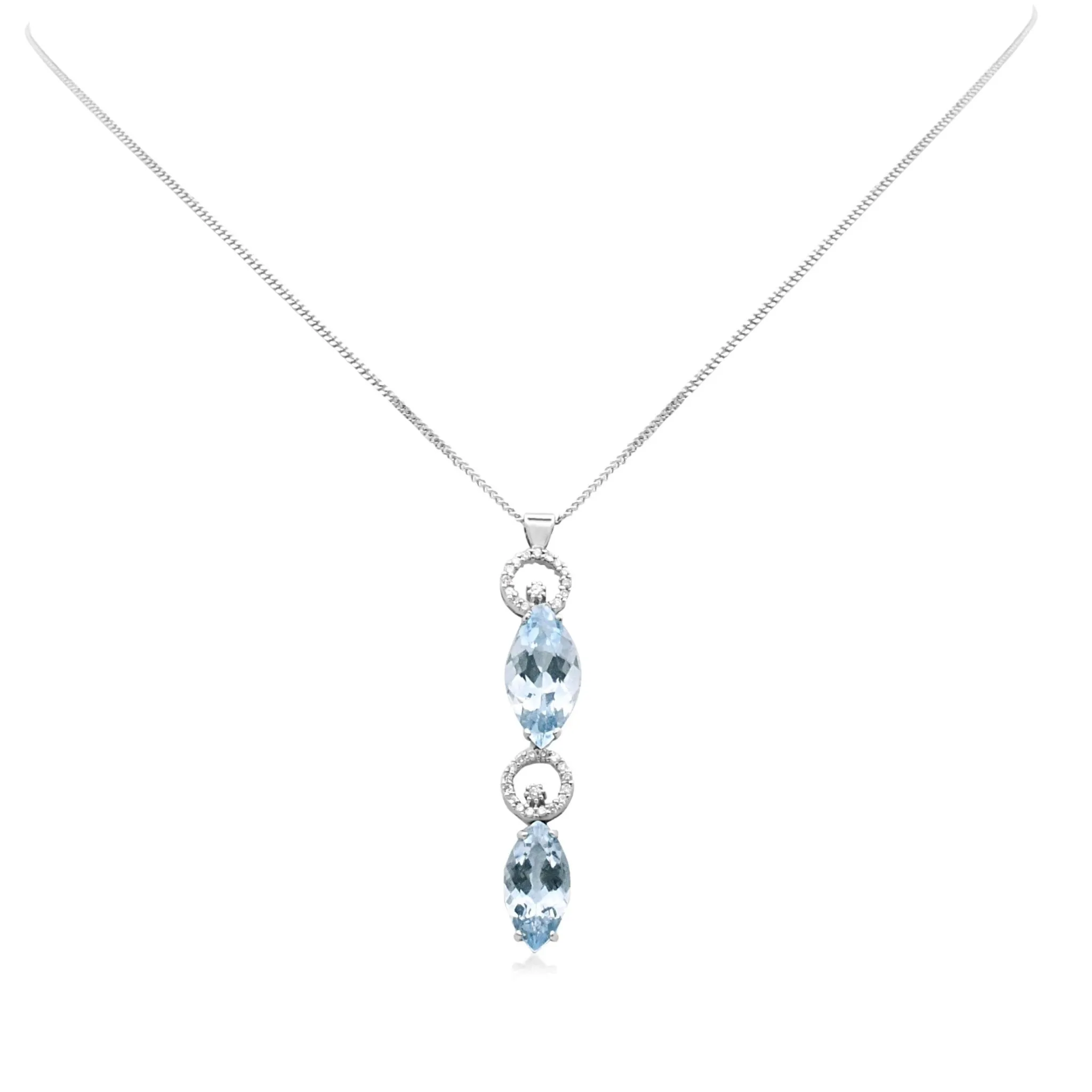 Aquamarine & Diamond Drop Pendant On 18" Necklace - 18ct White Gold