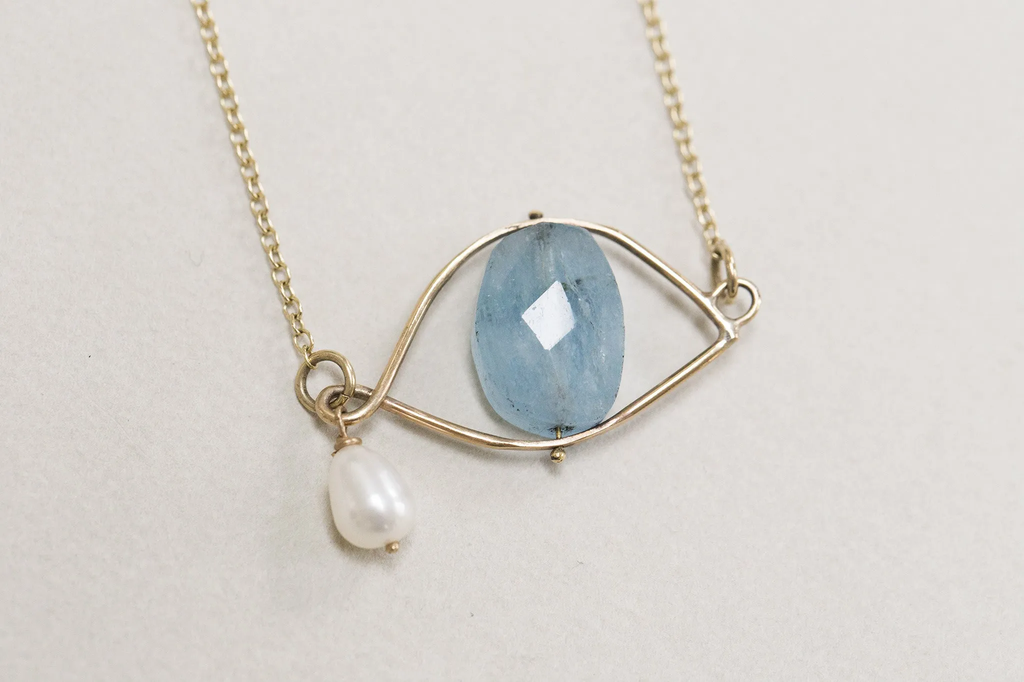 Aquamarine Eye and Pearl Drop Necklace