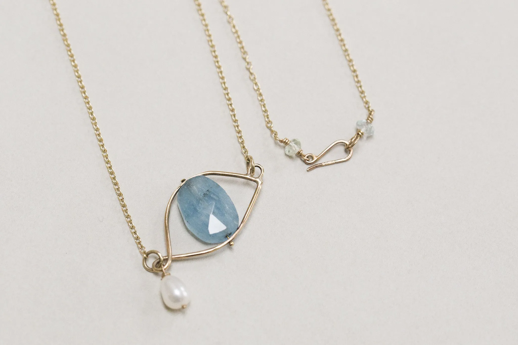 Aquamarine Eye and Pearl Drop Necklace