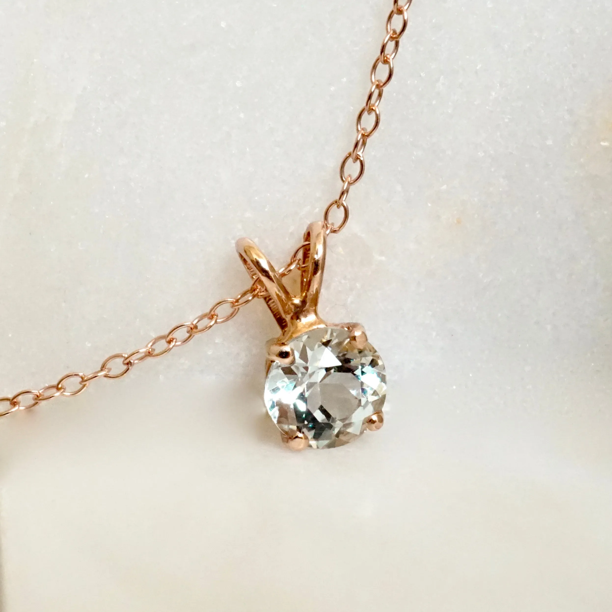 Aquamarine Solitaire Pendant in 14k gold - Genuine Round March Birthstone Necklace