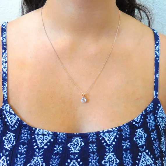 Aquamarine Solitaire Pendant in 14k gold - Genuine Round March Birthstone Necklace