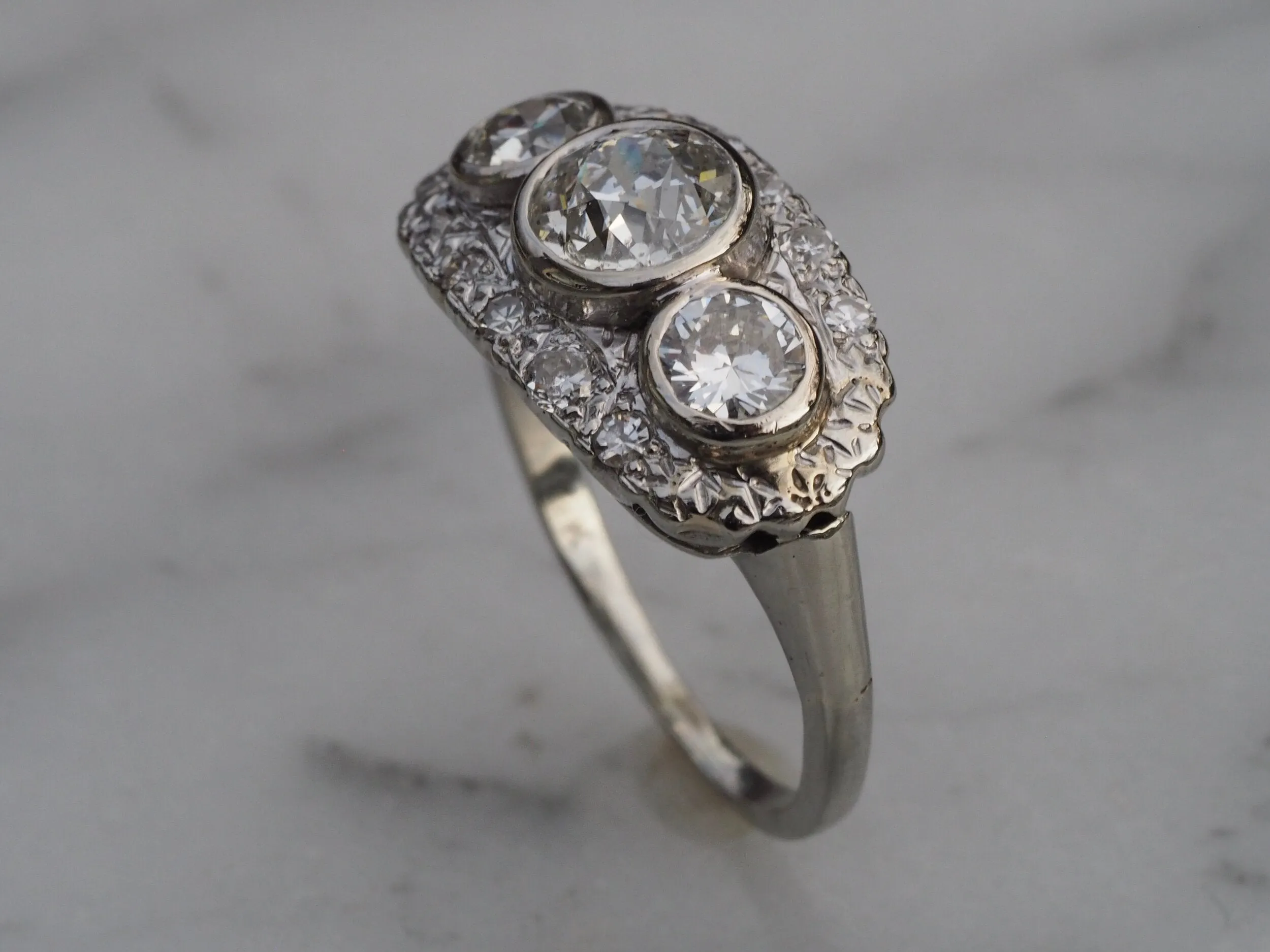 Art Deco 14k White Gold Diamond Trilogy Ring